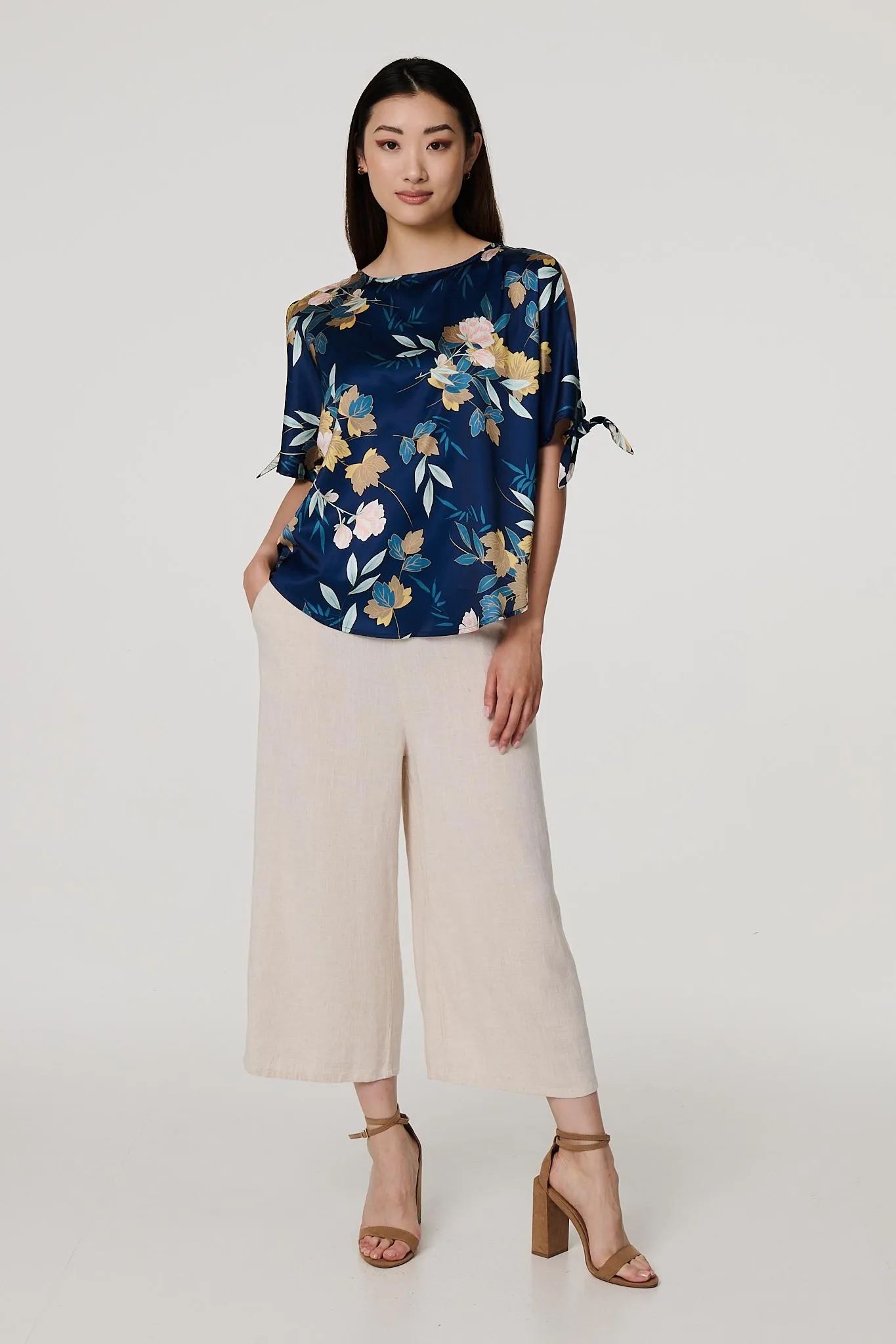 Floral Split Sleeve Satin Blouse