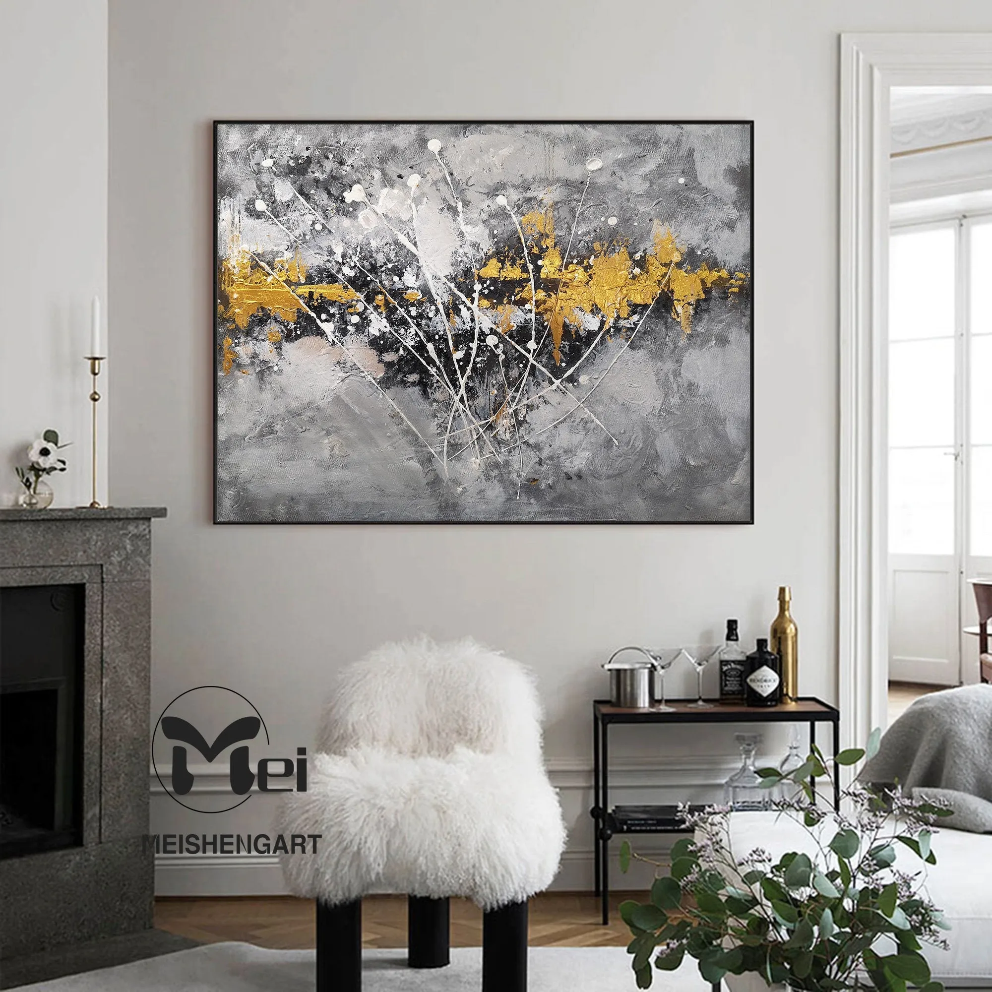 Gray Canvas Painting Black Gold Painting Contemporary Abstract Art Kp005