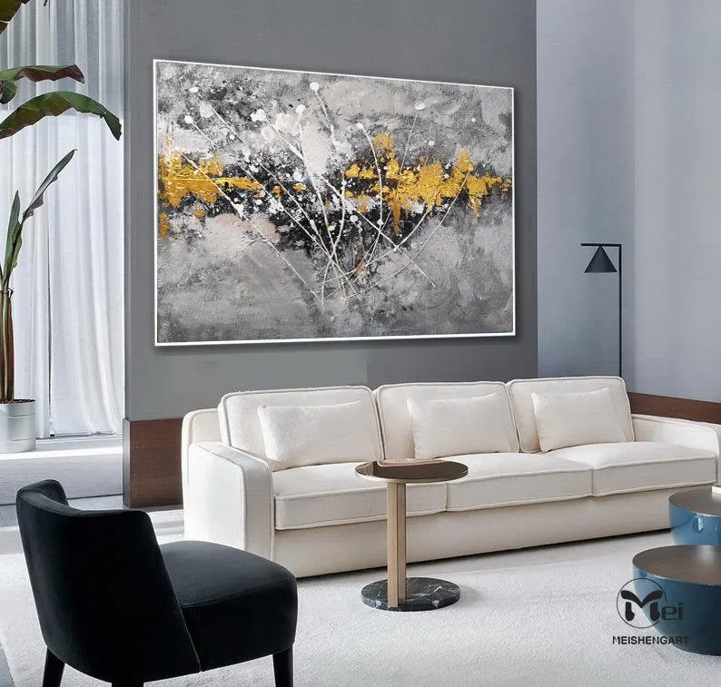 Gray Canvas Painting Black Gold Painting Contemporary Abstract Art Kp005