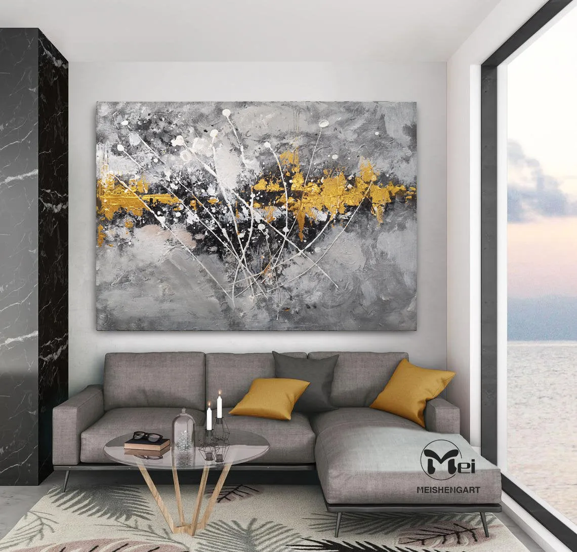 Gray Canvas Painting Black Gold Painting Contemporary Abstract Art Kp005