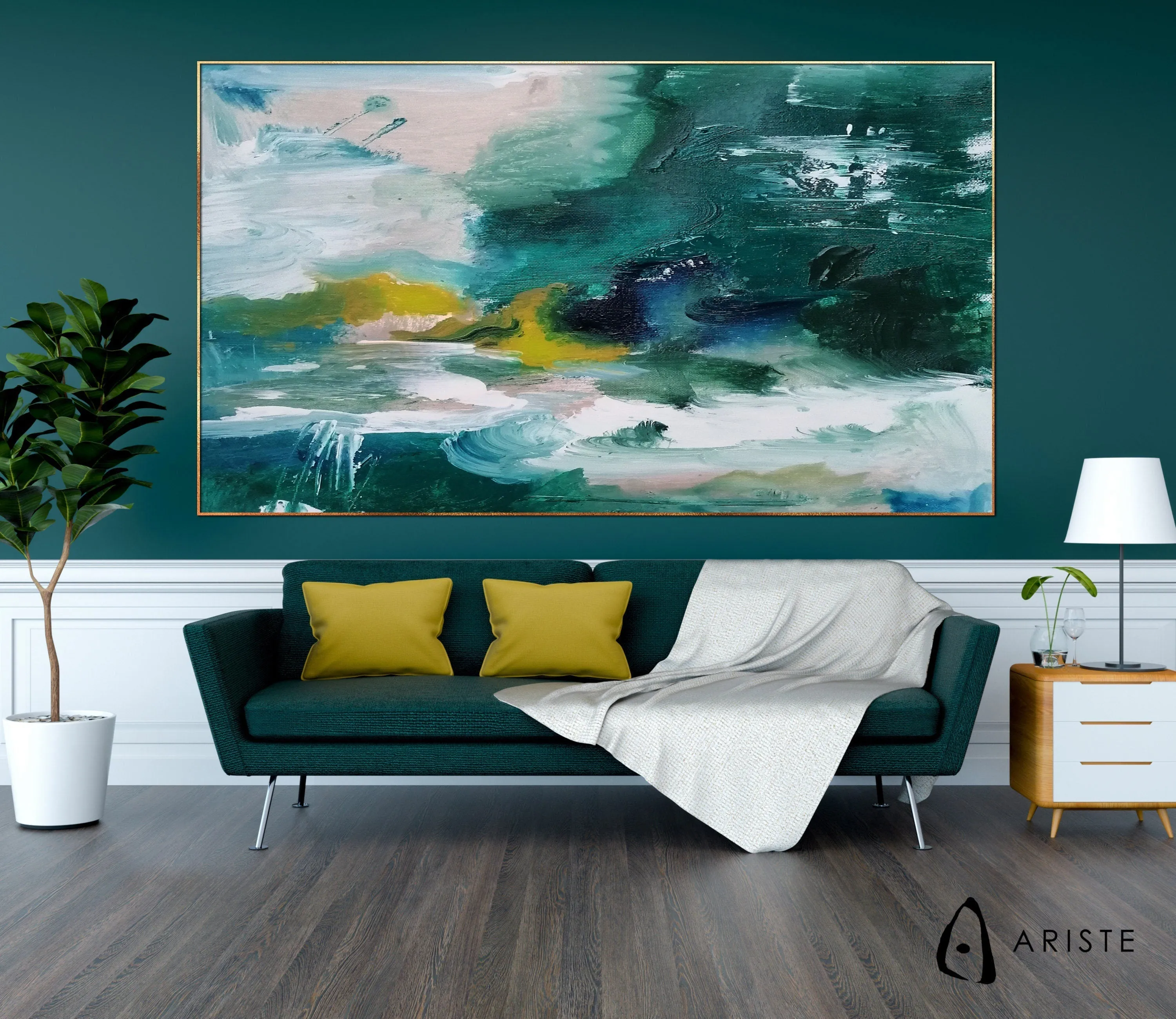 Green & white abstract oversized wall art made to order in a custom size