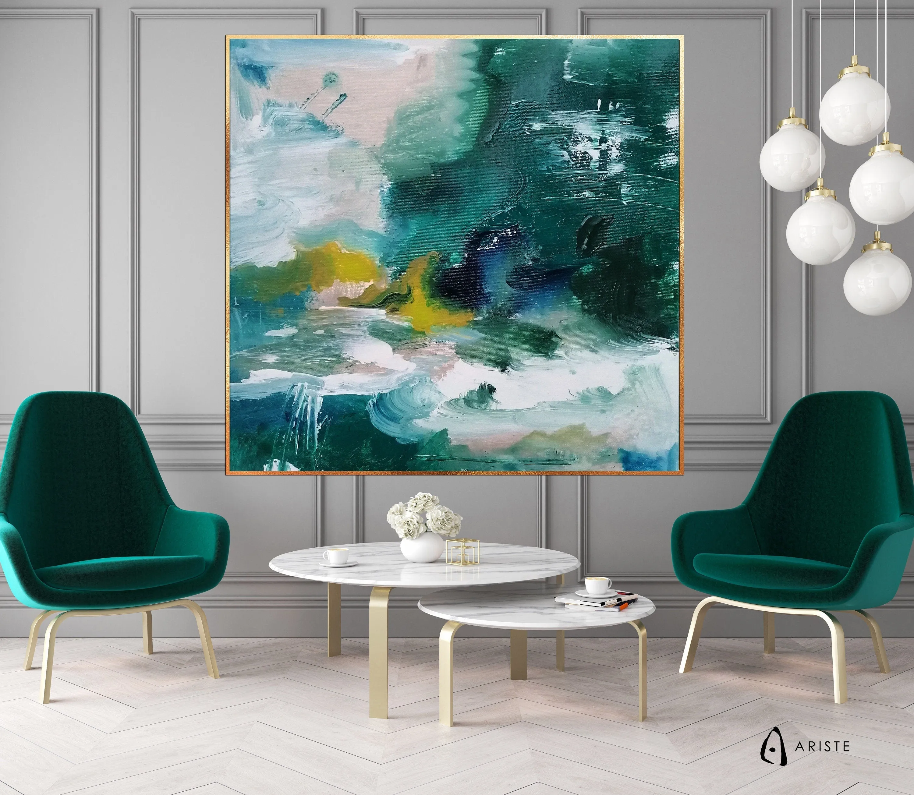 Green & white abstract oversized wall art made to order in a custom size