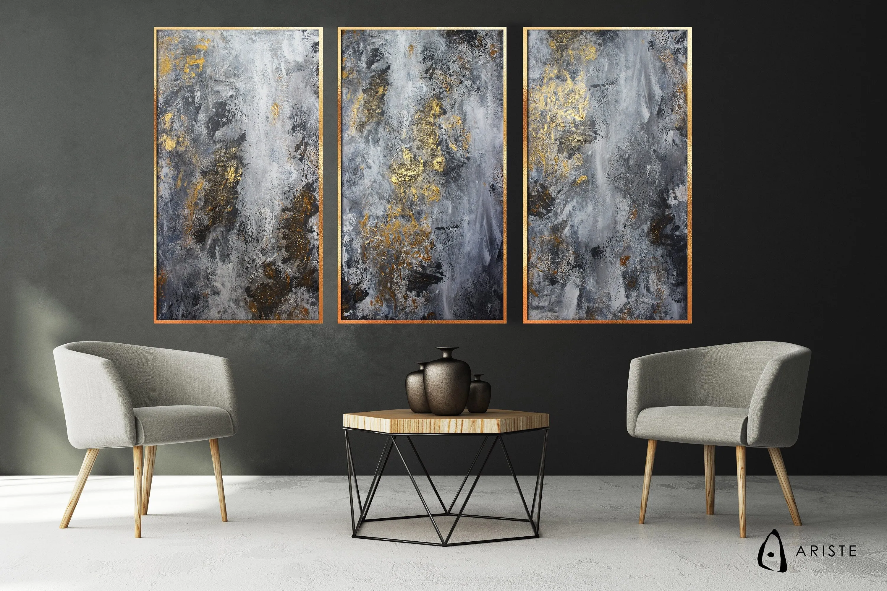 Grey & gold extra large 3 piece wall art made to order in a custom size