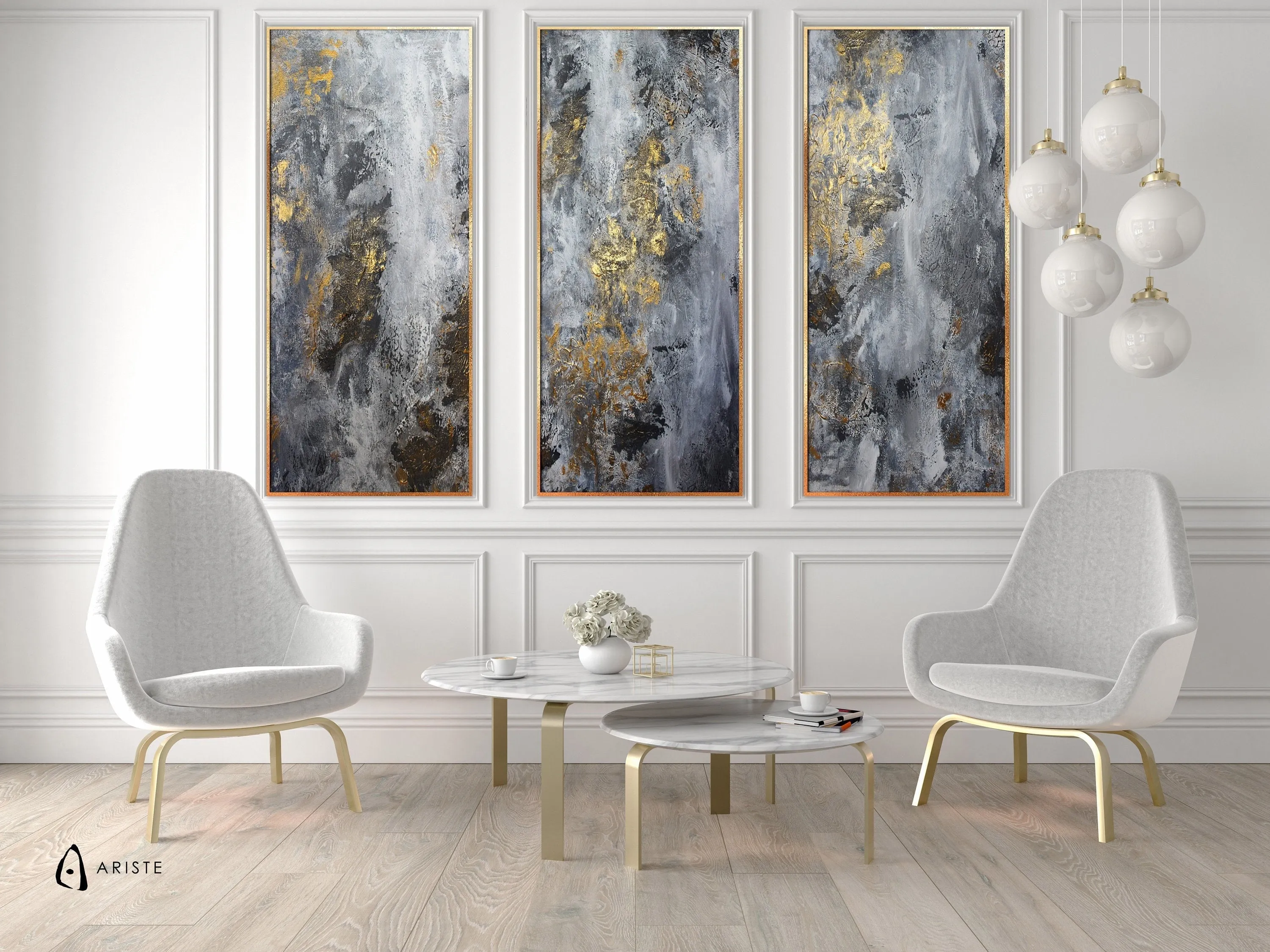 Grey & gold extra large 3 piece wall art made to order in a custom size