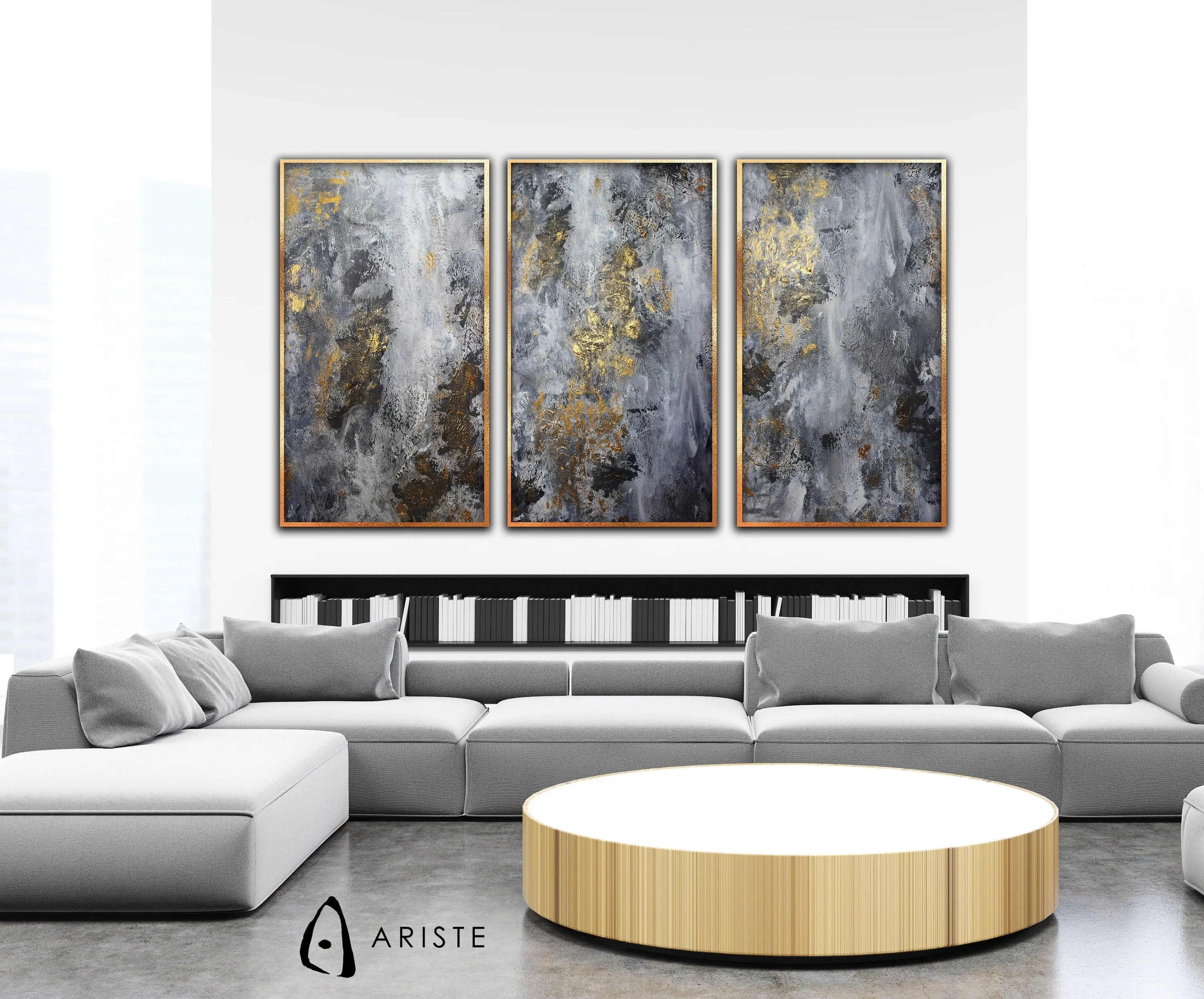 Grey & gold extra large 3 piece wall art made to order in a custom size