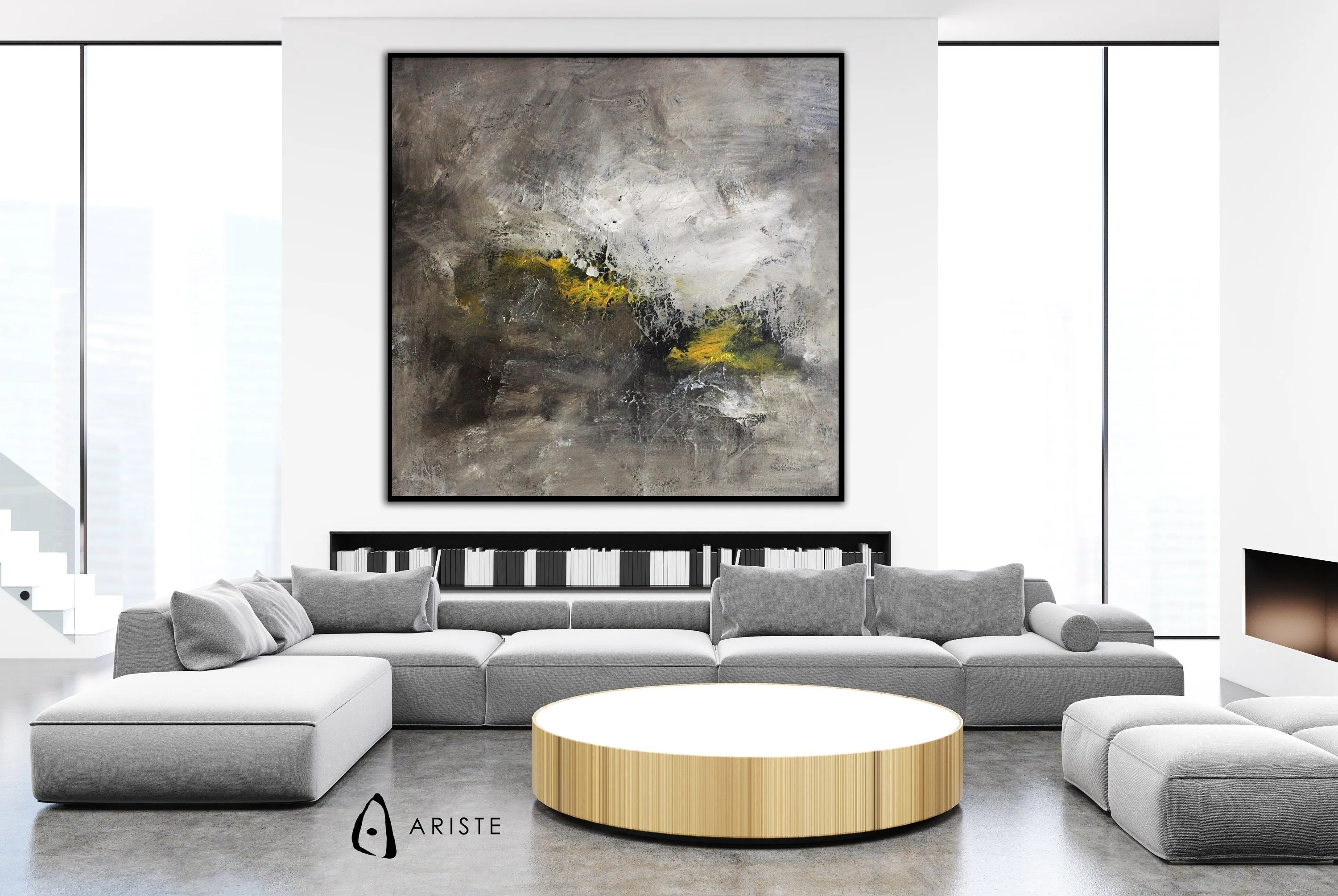 Grey & yellow oversized color field painting made to order in a custom size