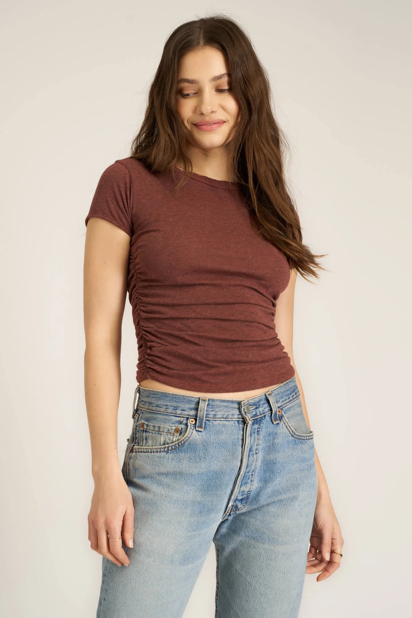 Izzie Heathered Ruched Baby Tee - Desert Clay