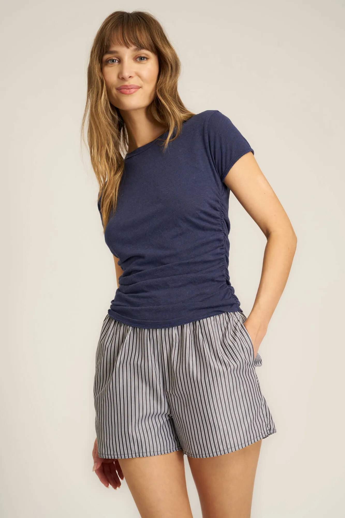 Izzie Heathered Ruched Baby Tee - Rich Indigo