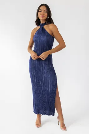 Lys Navy Plisse Twist Neck Dress