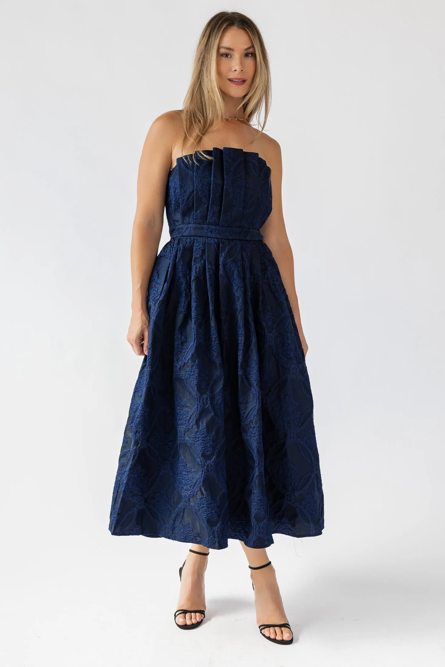 Marren Navy Brocade Midi Dress