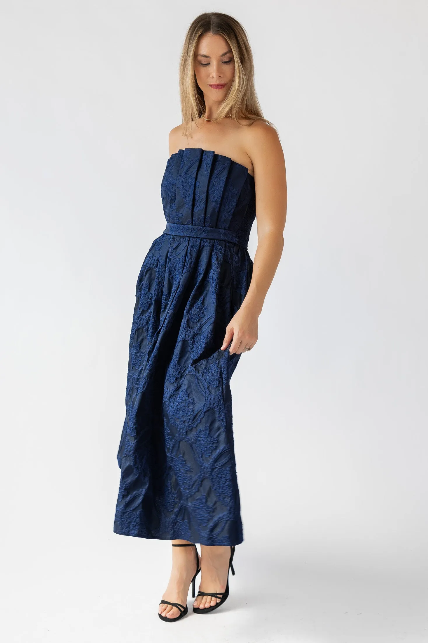 Marren Navy Brocade Midi Dress