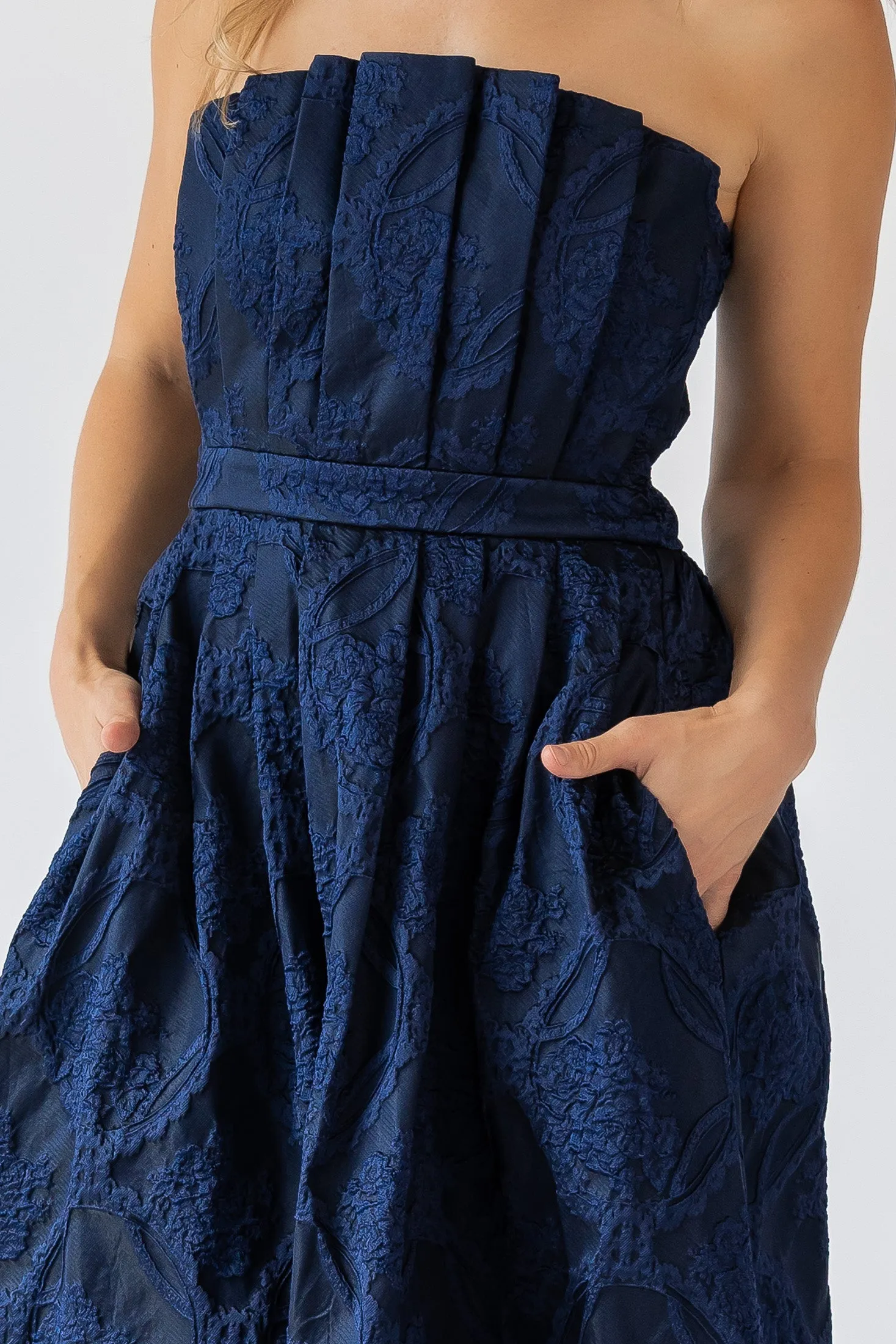 Marren Navy Brocade Midi Dress