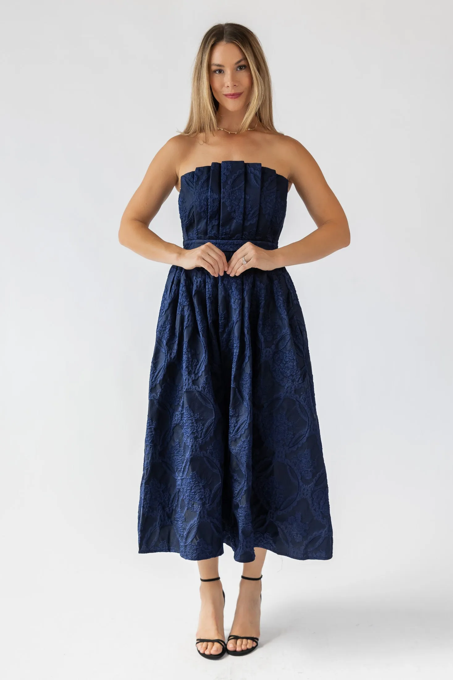 Marren Navy Brocade Midi Dress