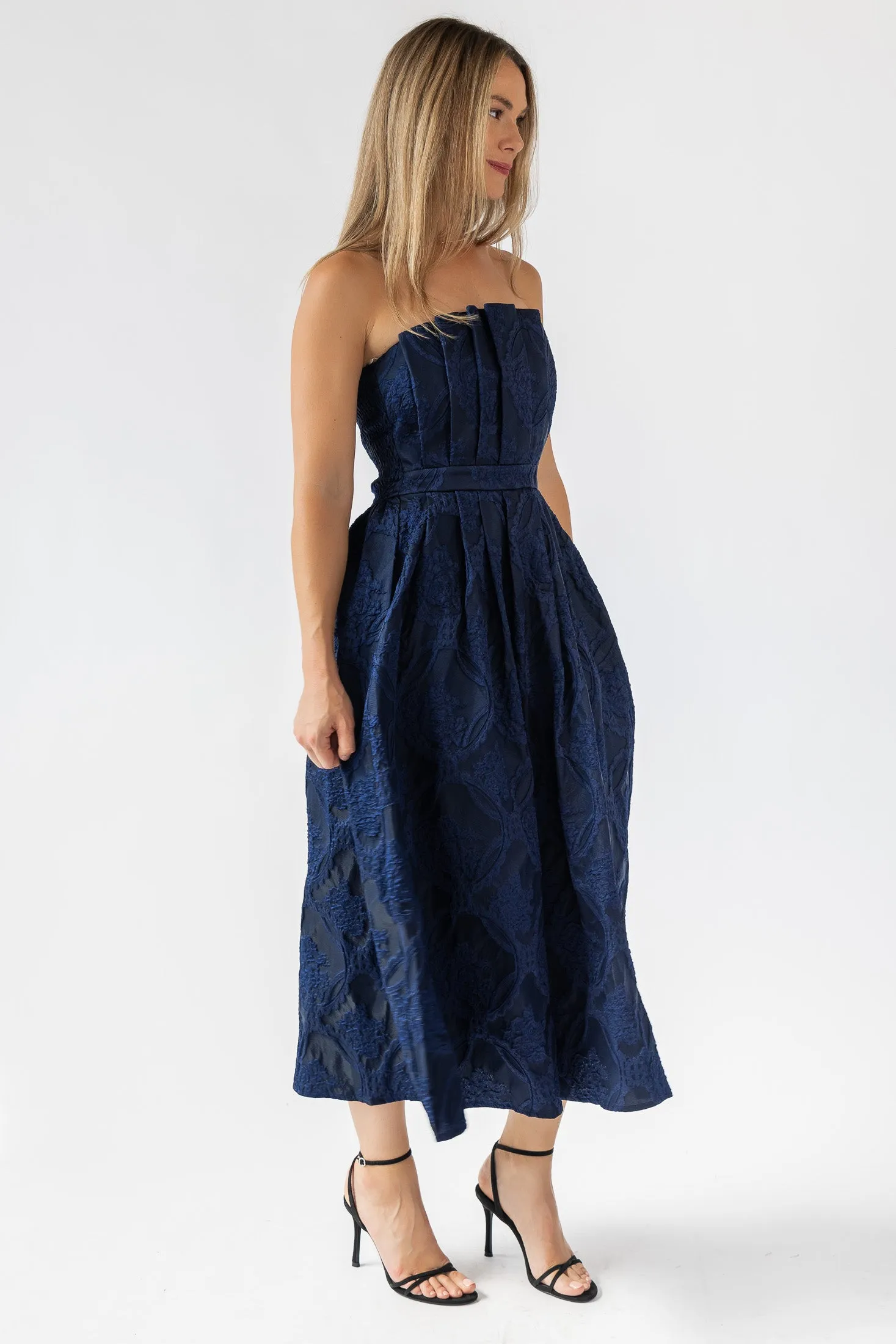 Marren Navy Brocade Midi Dress