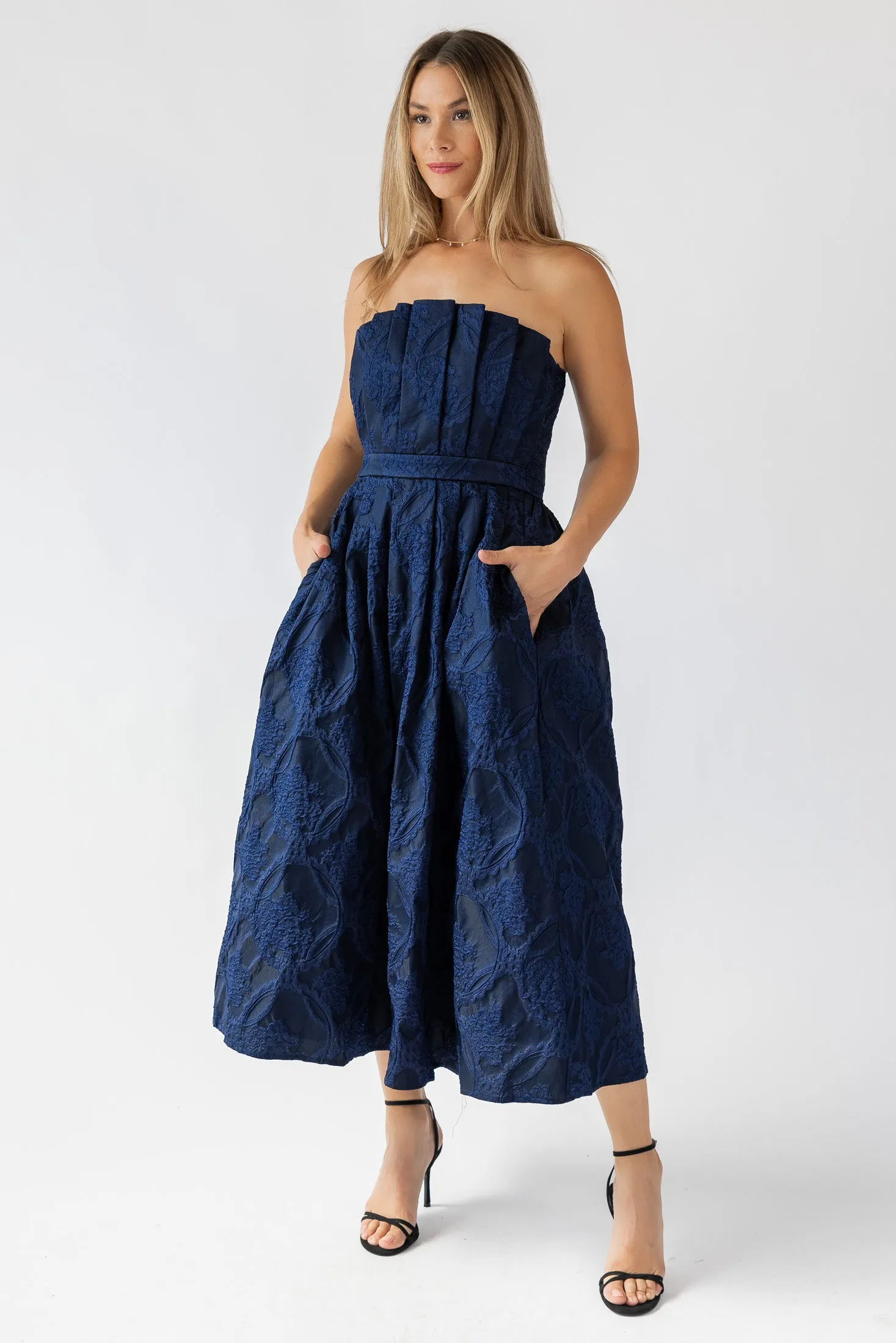 Marren Navy Brocade Midi Dress