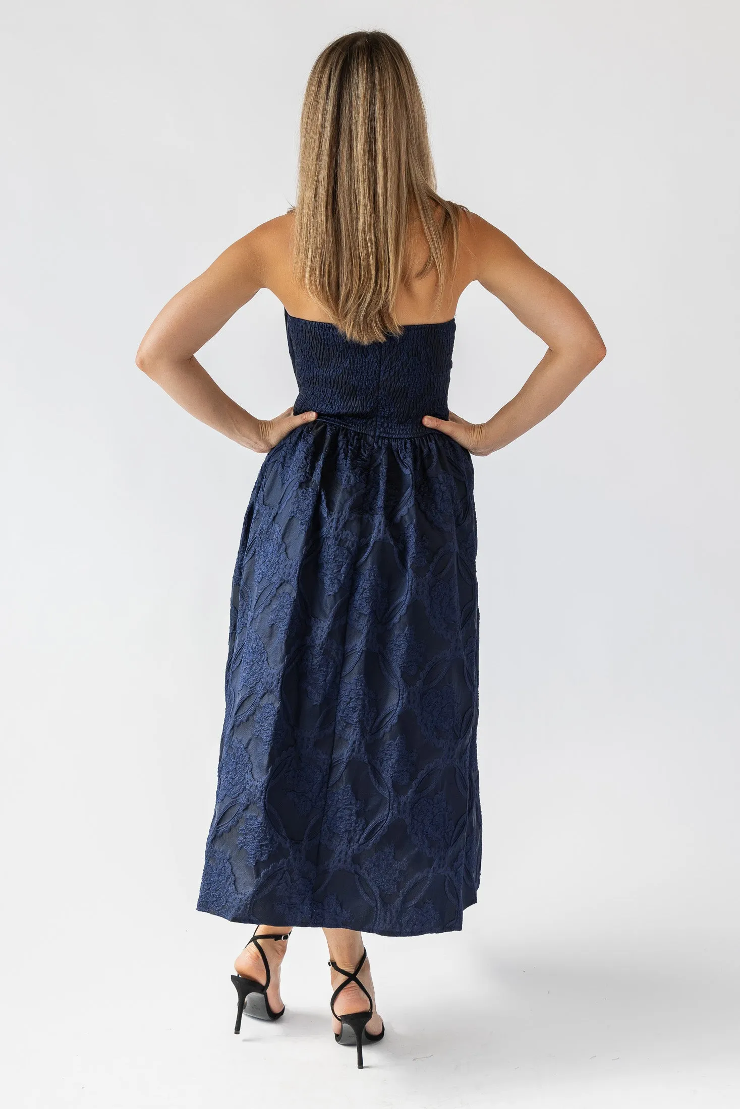 Marren Navy Brocade Midi Dress