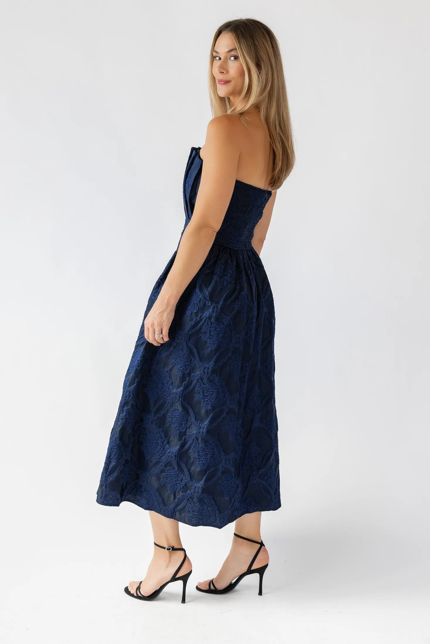 Marren Navy Brocade Midi Dress