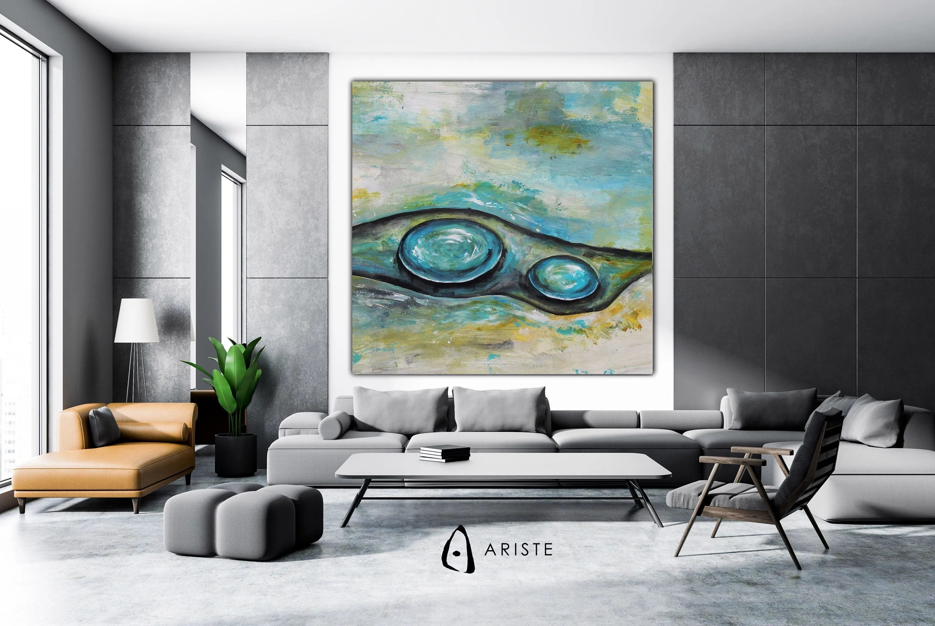 Neutral & blue abstract oversized wall art made to order in a custom size