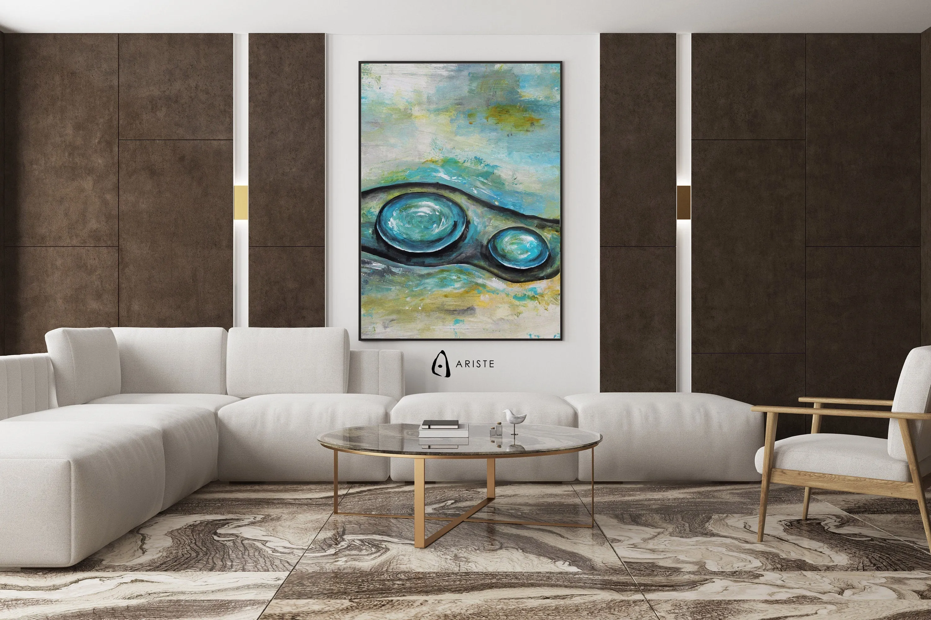 Neutral & blue abstract oversized wall art made to order in a custom size