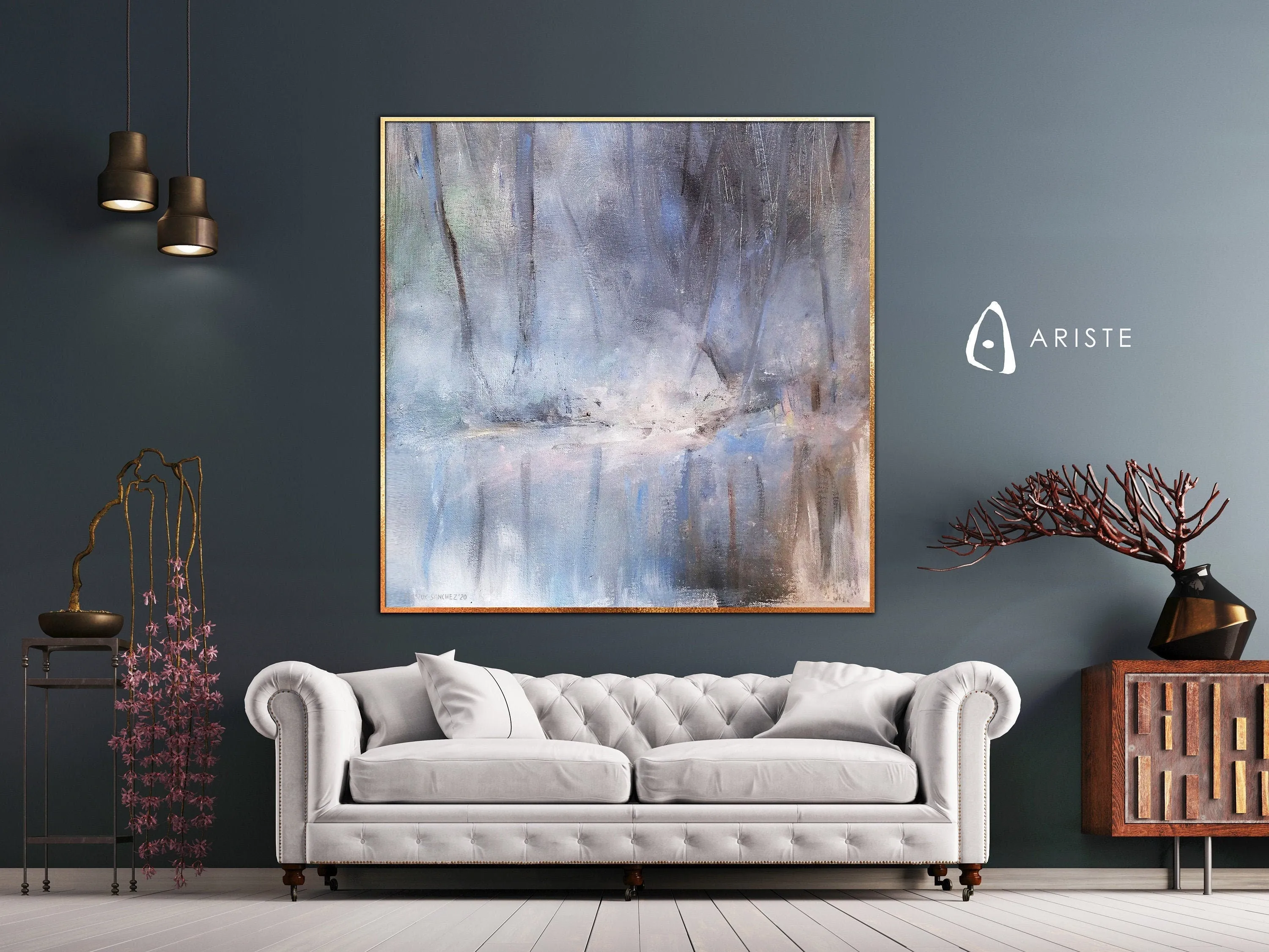 Neutral & blue large abstract landscape painting made to order in a custom size