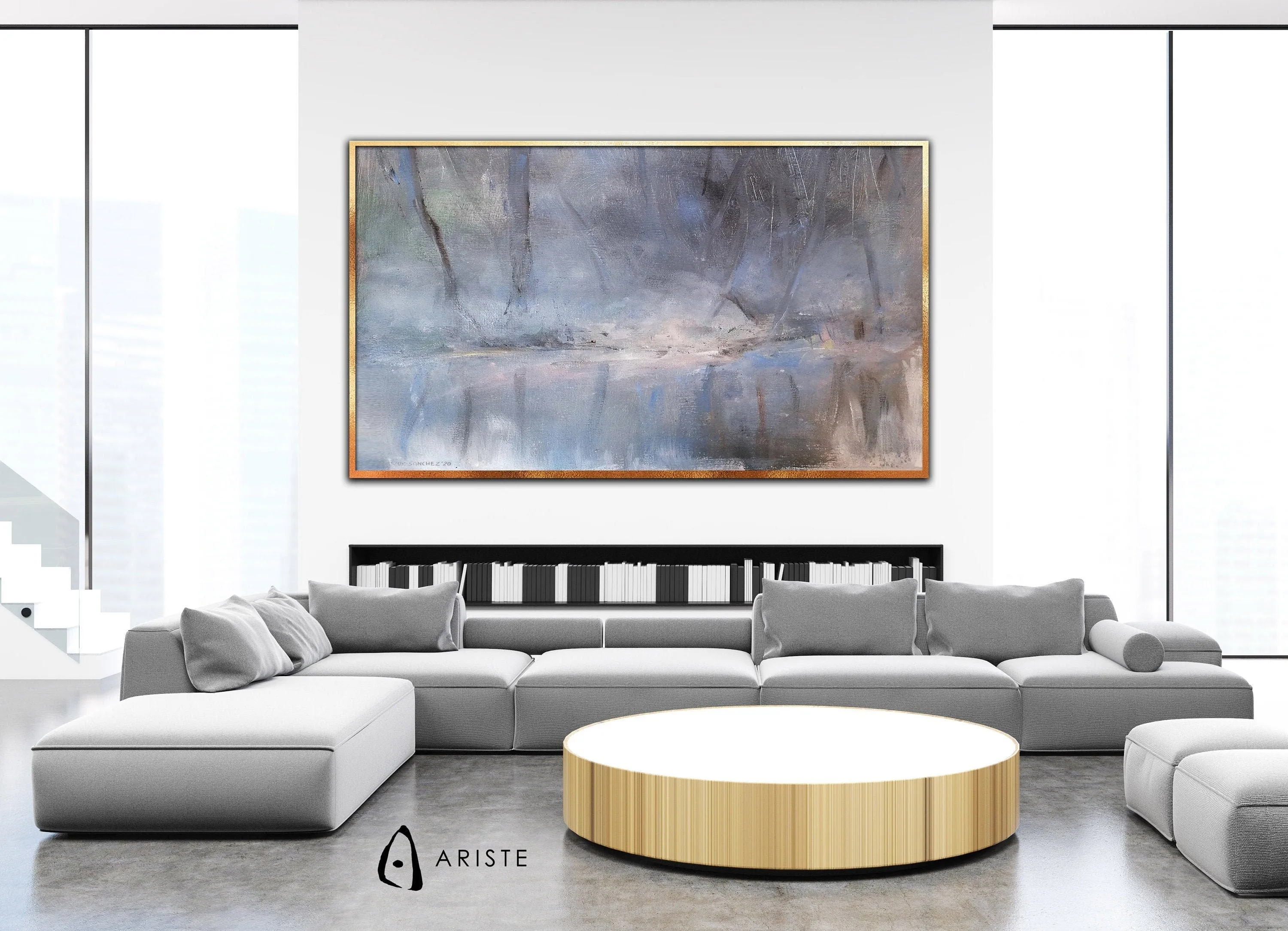 Neutral & blue large abstract landscape painting made to order in a custom size