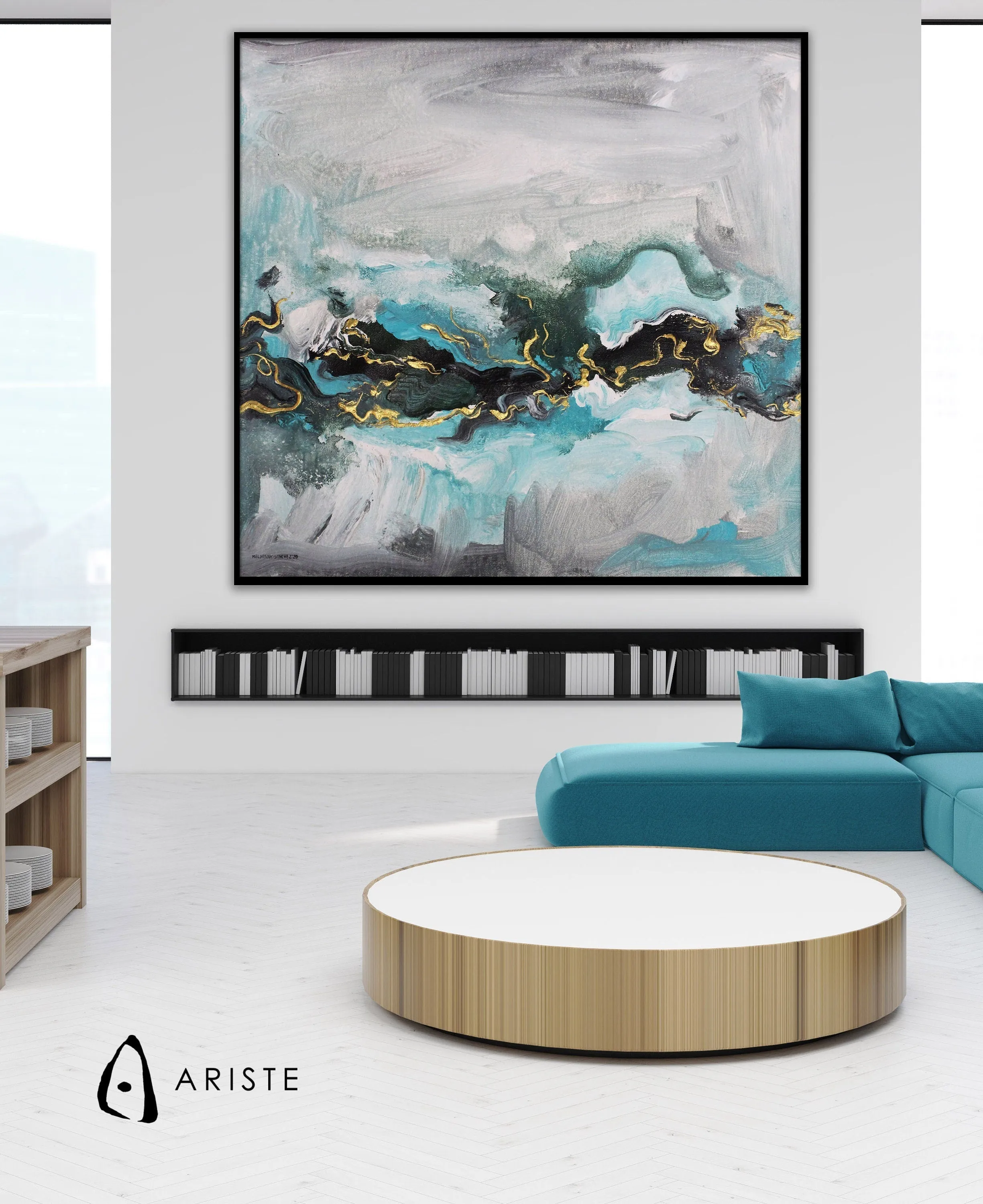 Neutral, teal & gold abstract oversized wall art made to order in a custom size