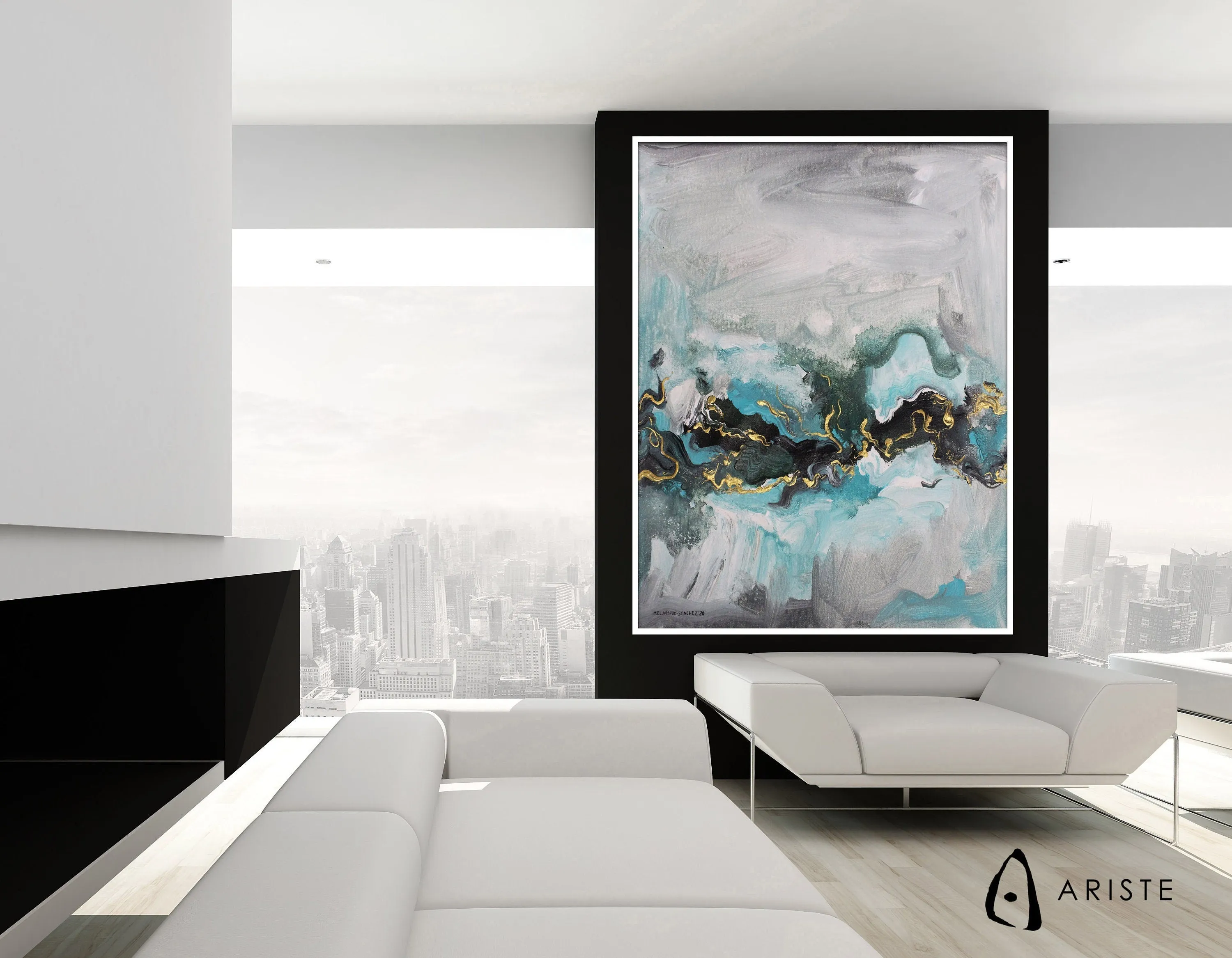 Neutral, teal & gold abstract oversized wall art made to order in a custom size