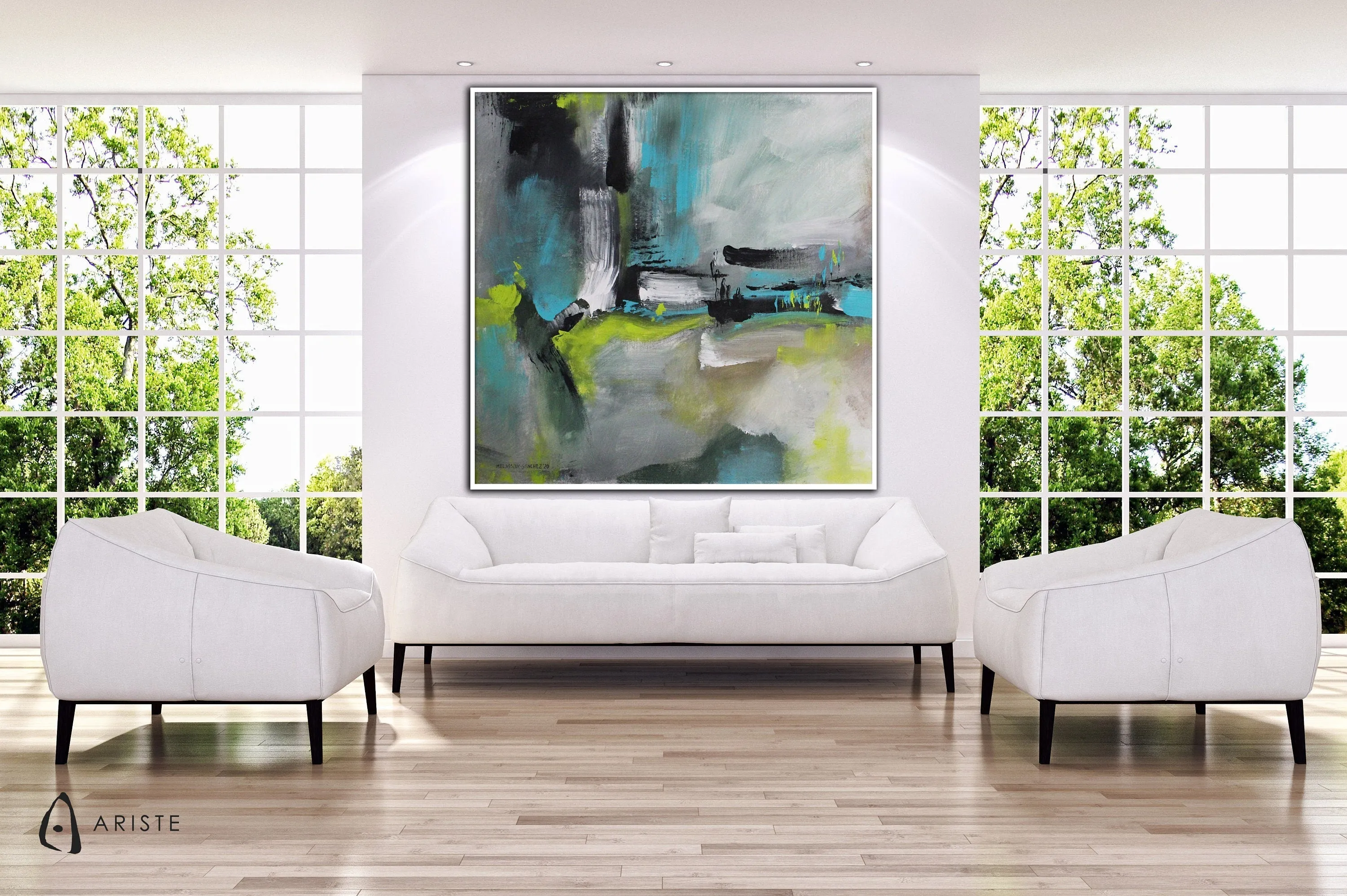 Neutral, teal & lime green abstract oversized wall art made to order in a custom size