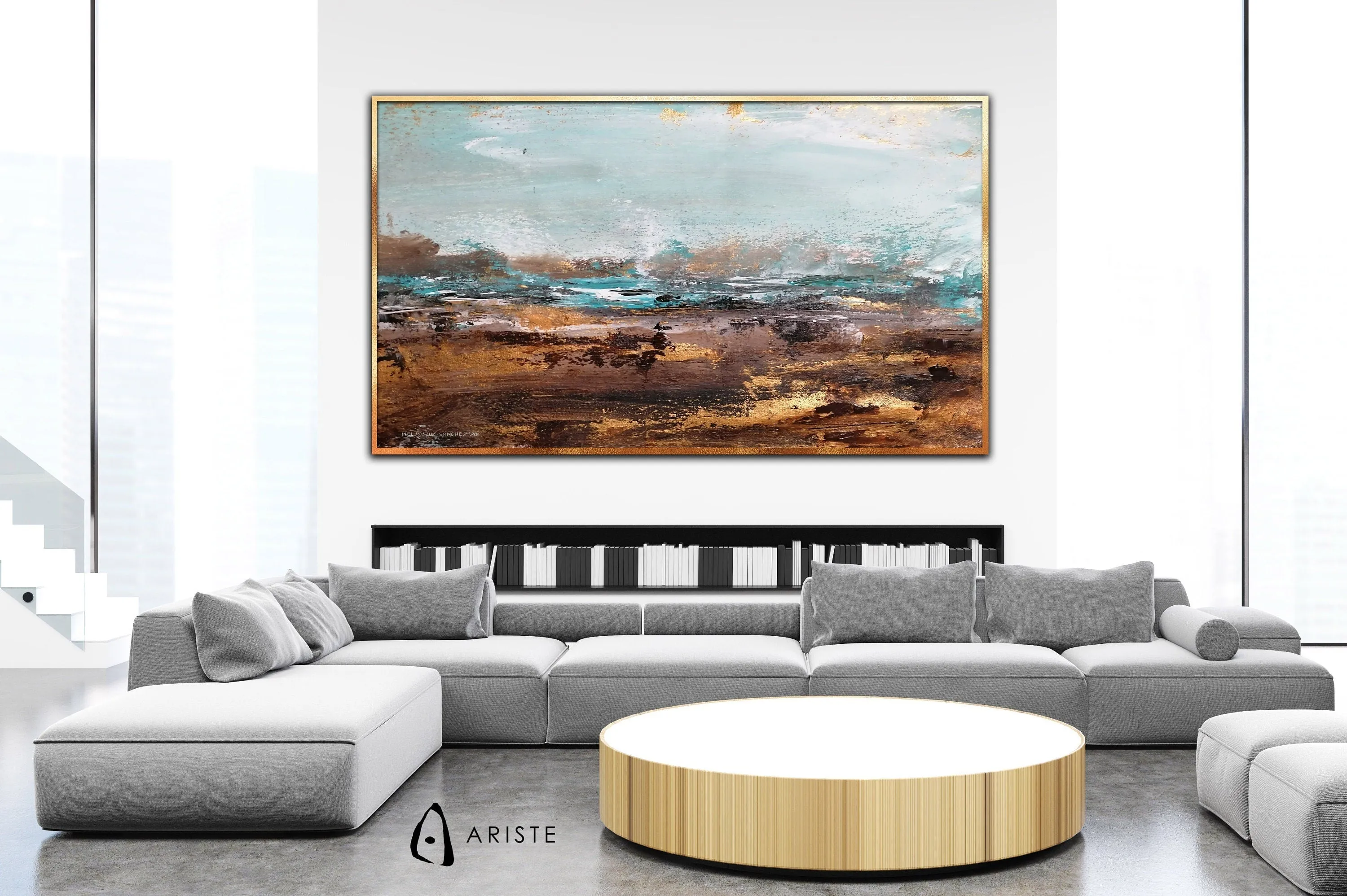 Pale blue & gold large abstract wall art made to order in a custom size