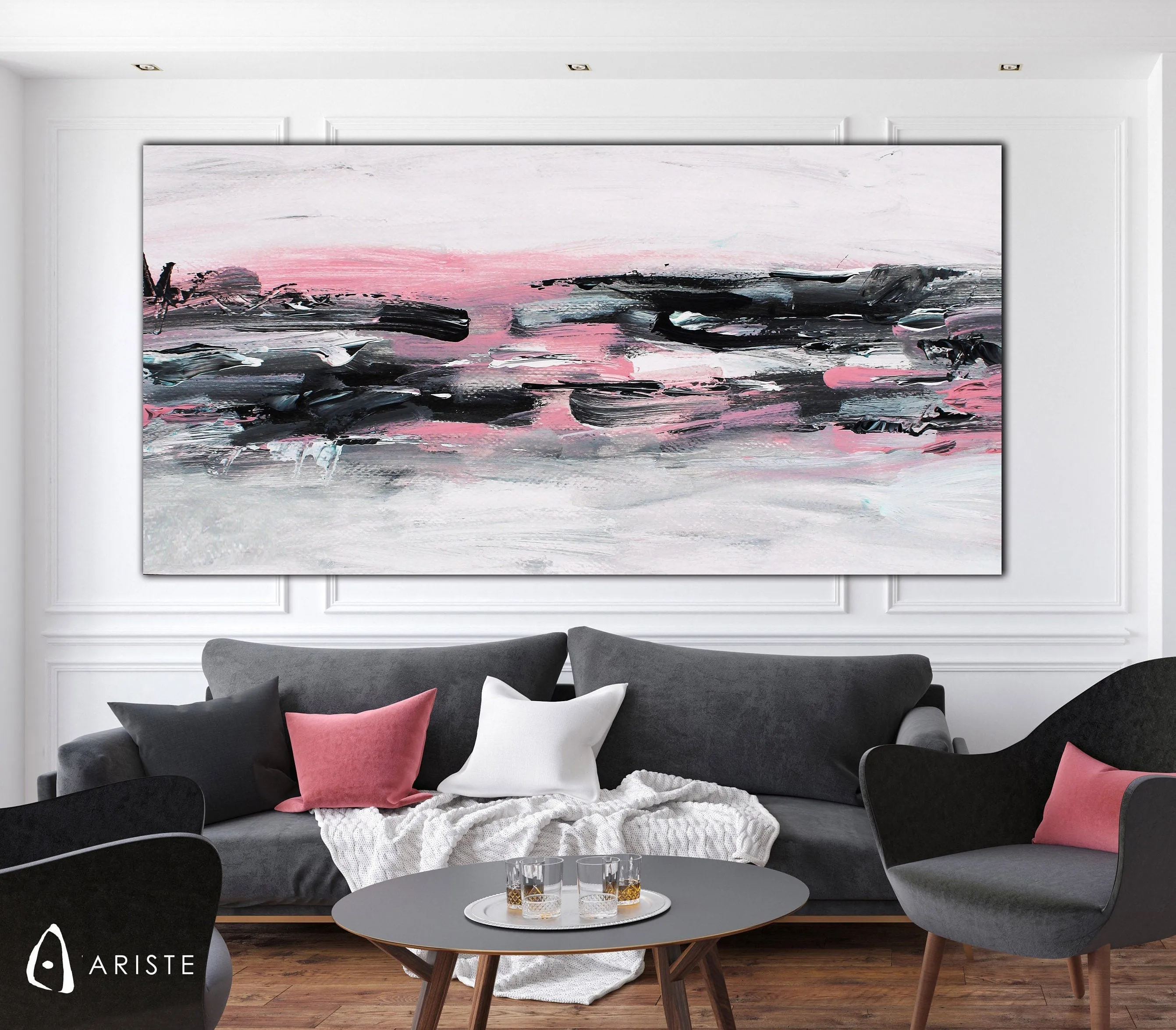 Pink & grey large abstract wall art made to order in a custom size