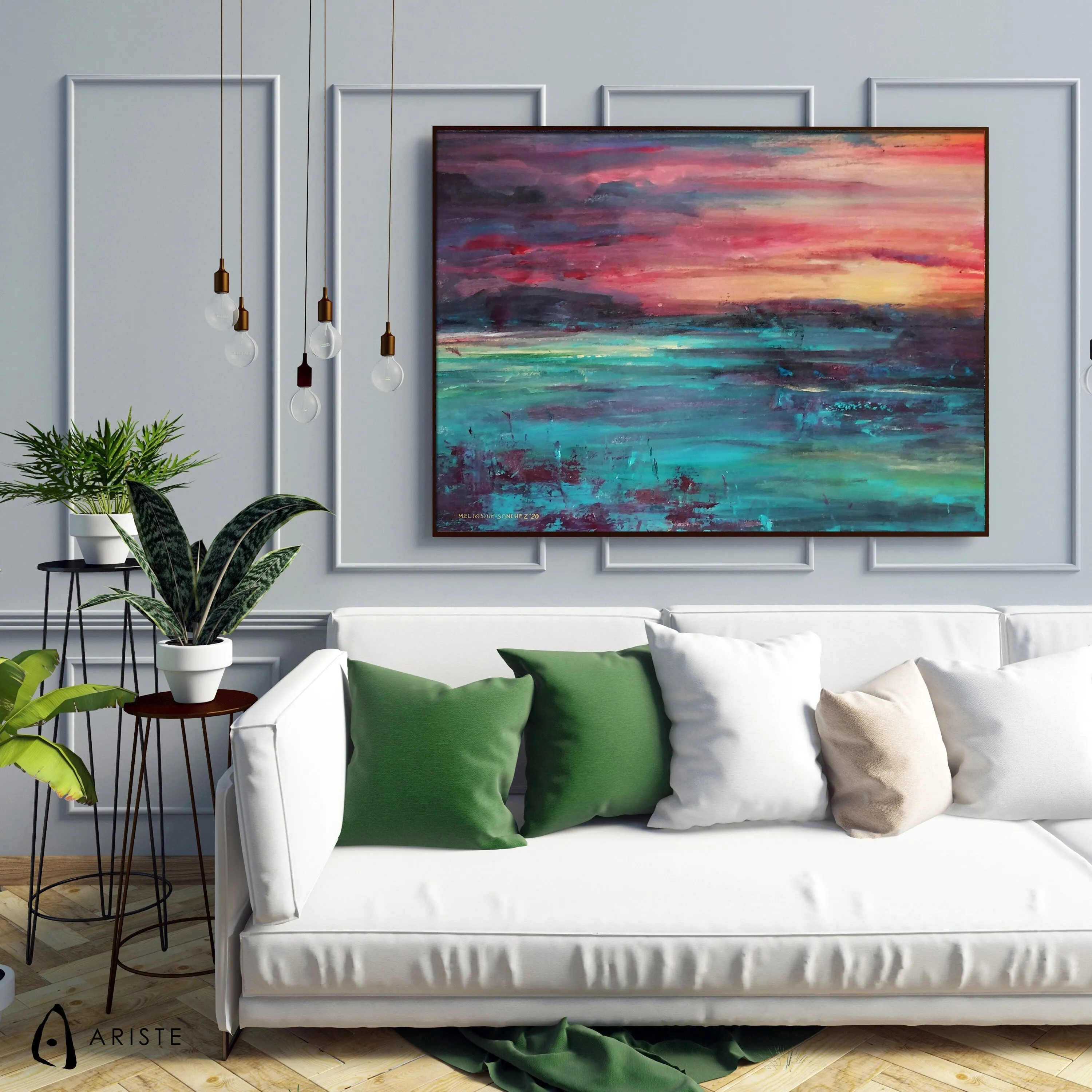 Pink & teal green oversized abstract landscape painting made to order in a custom size