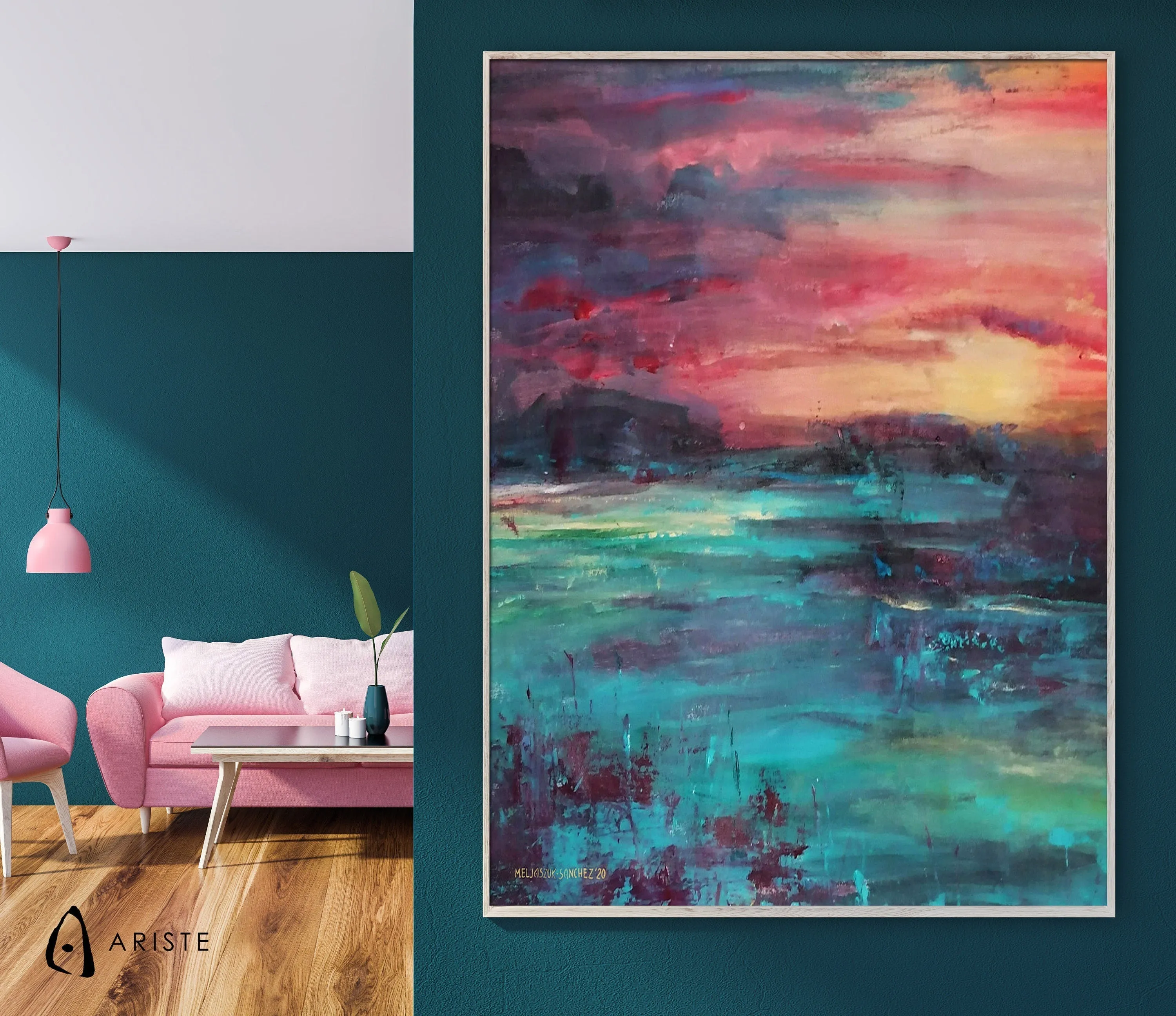 Pink & teal green oversized abstract landscape painting made to order in a custom size