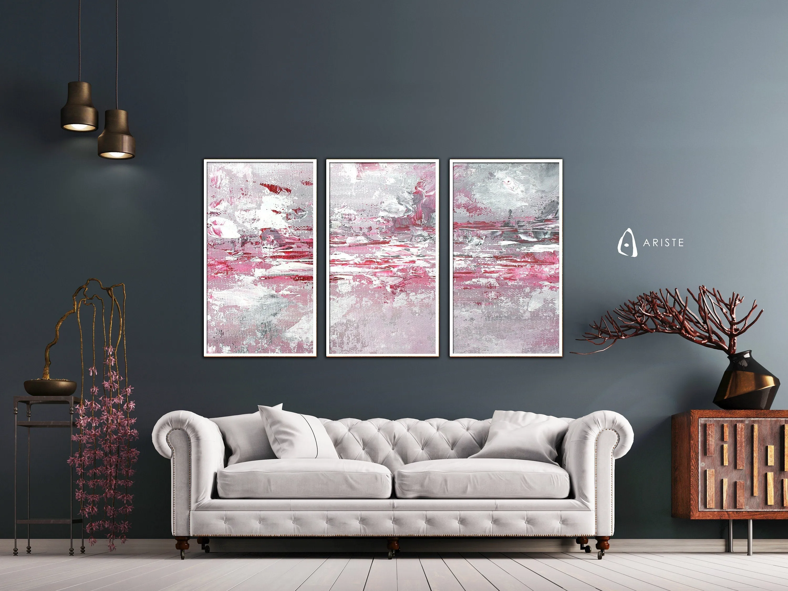 Pink, white & grey extra large 3 piece wall art made to order in a custom size