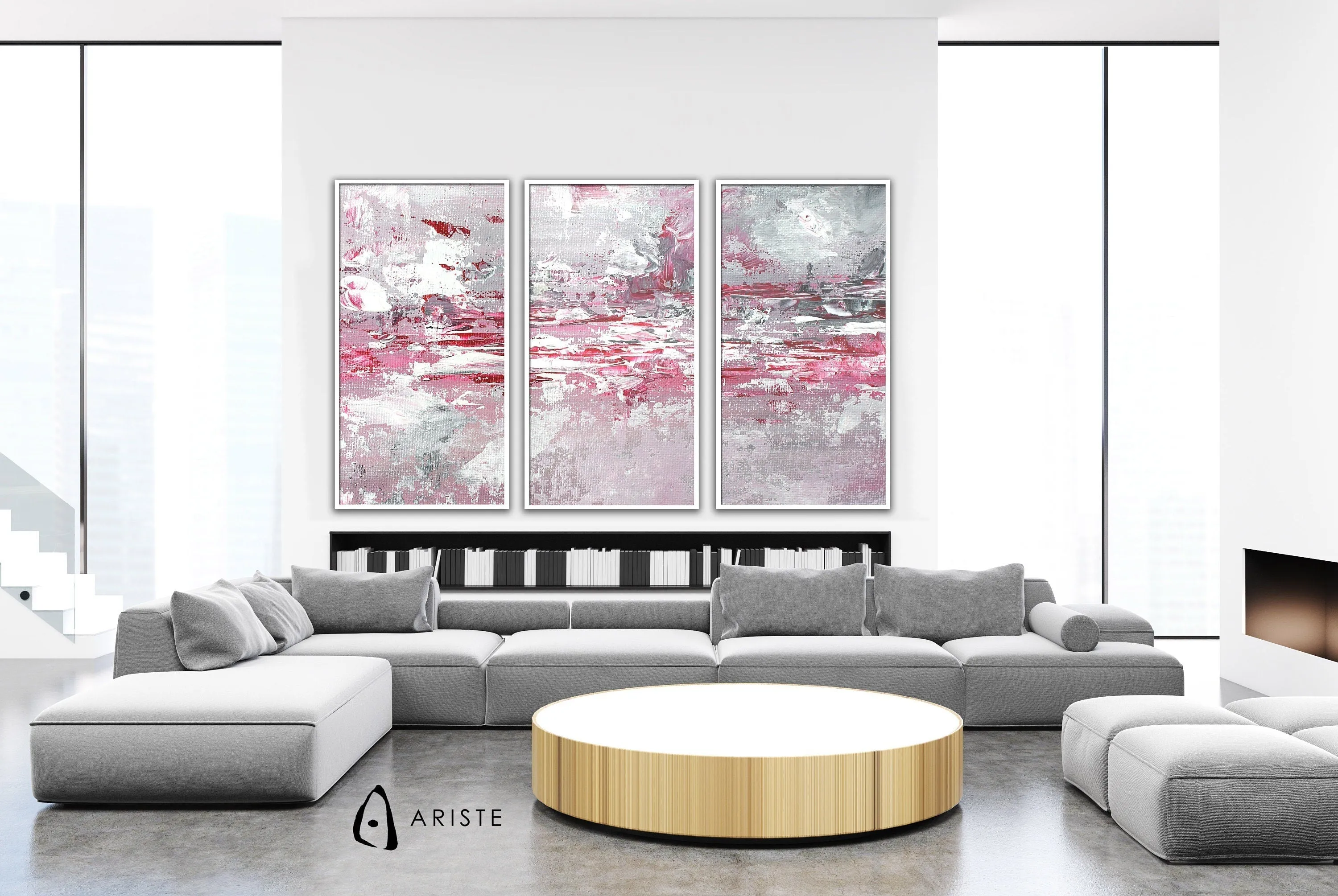 Pink, white & grey extra large 3 piece wall art made to order in a custom size