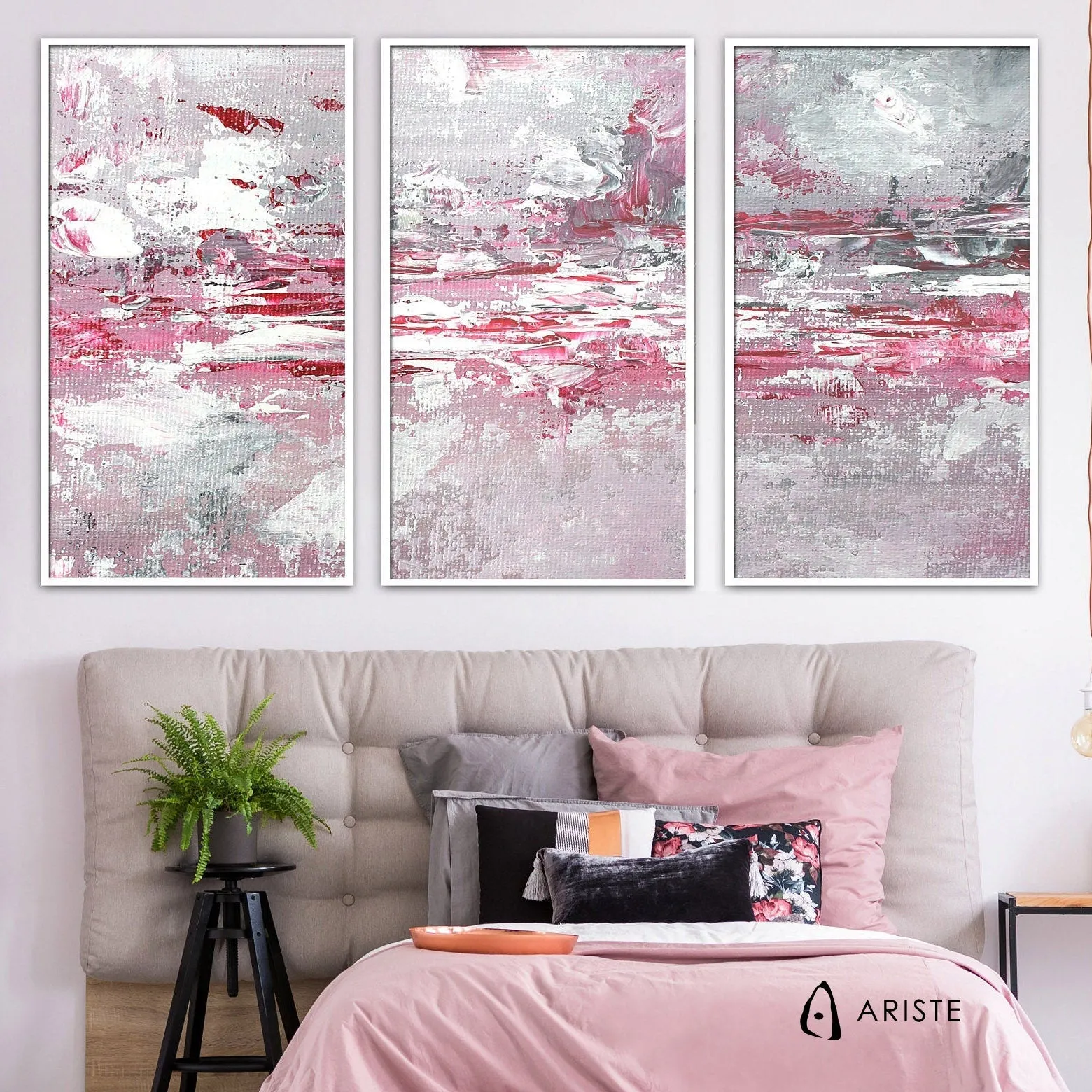 Pink, white & grey extra large 3 piece wall art made to order in a custom size