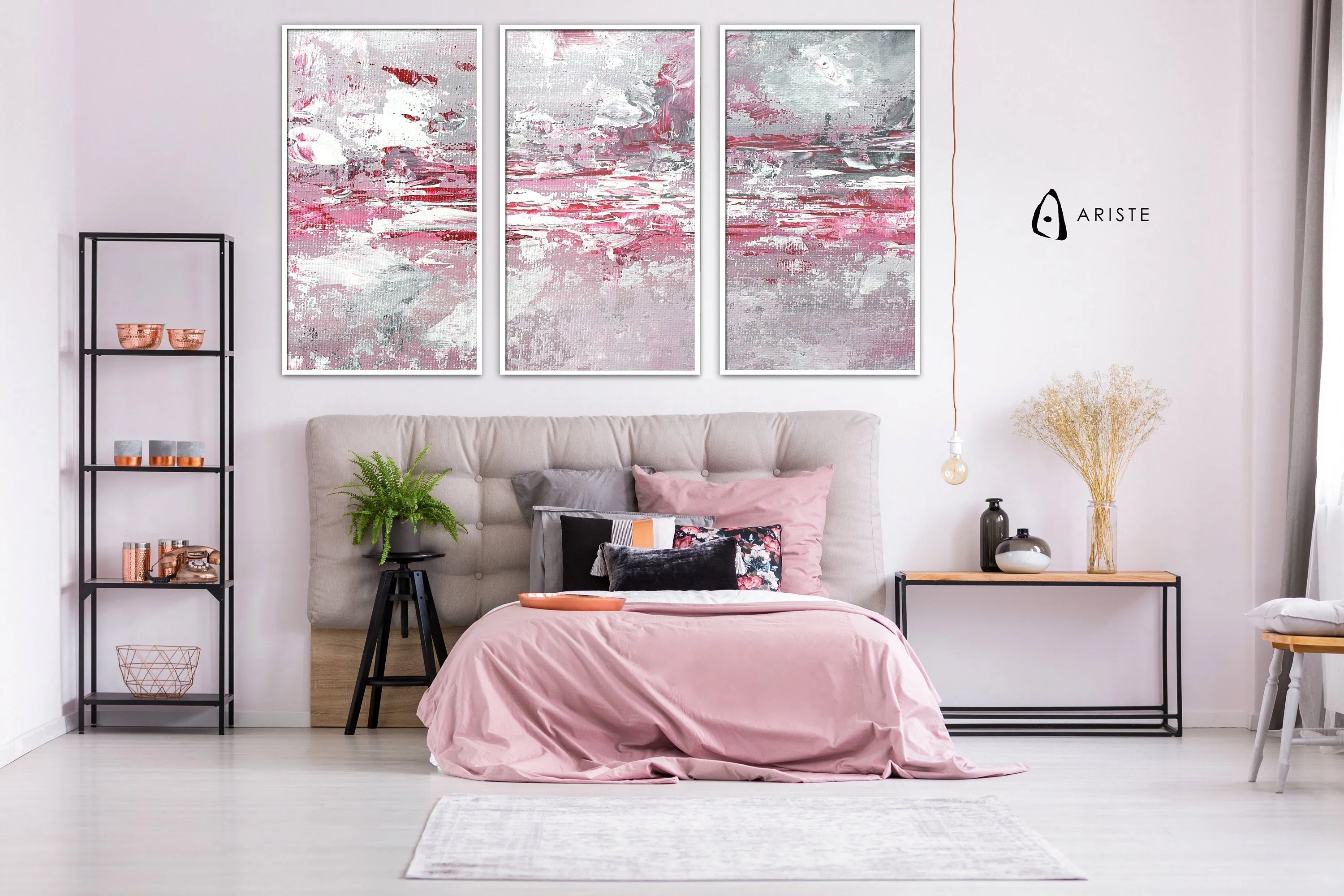 Pink, white & grey extra large 3 piece wall art made to order in a custom size