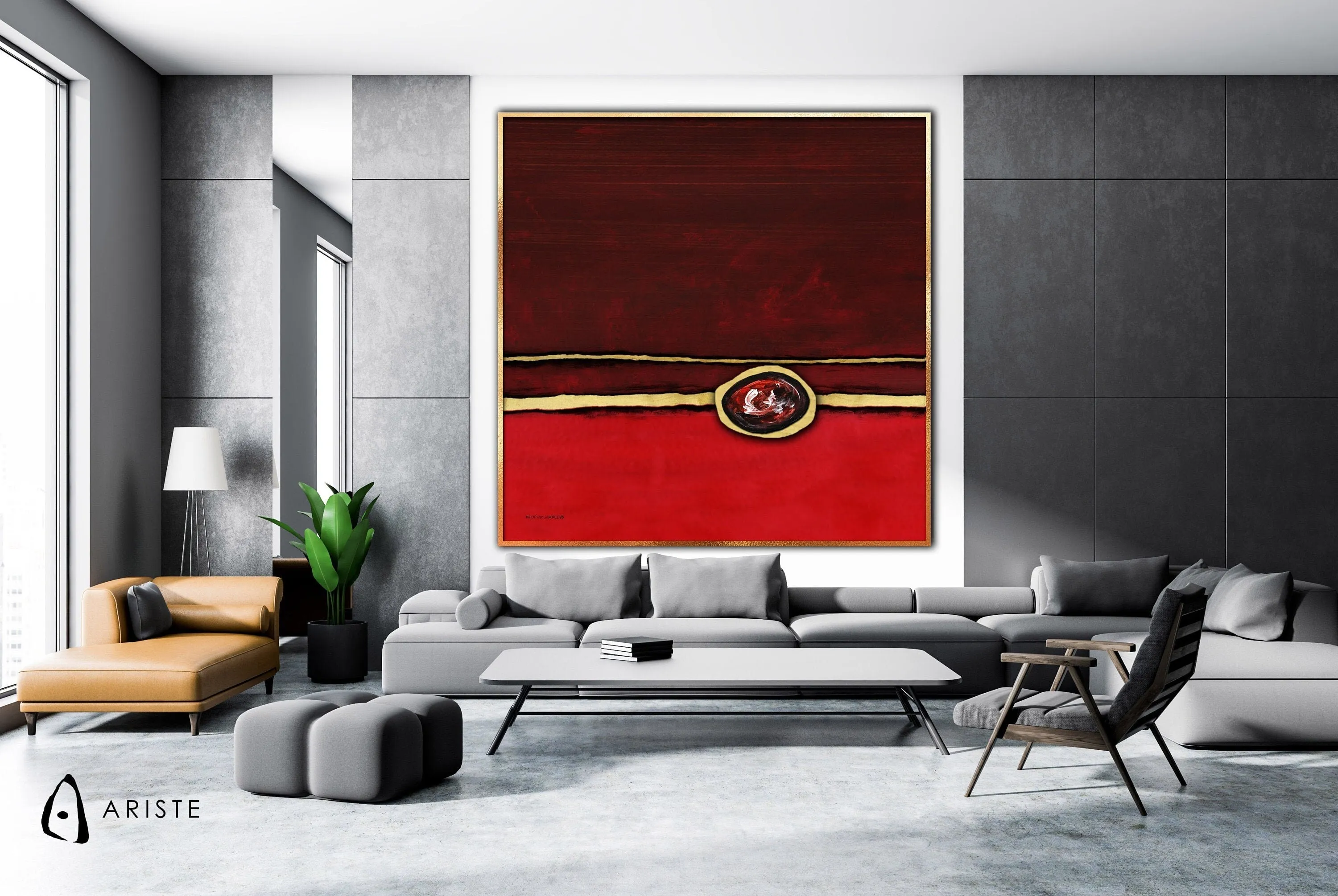 Red & gold abstract oversized wall art made to order in a custom size