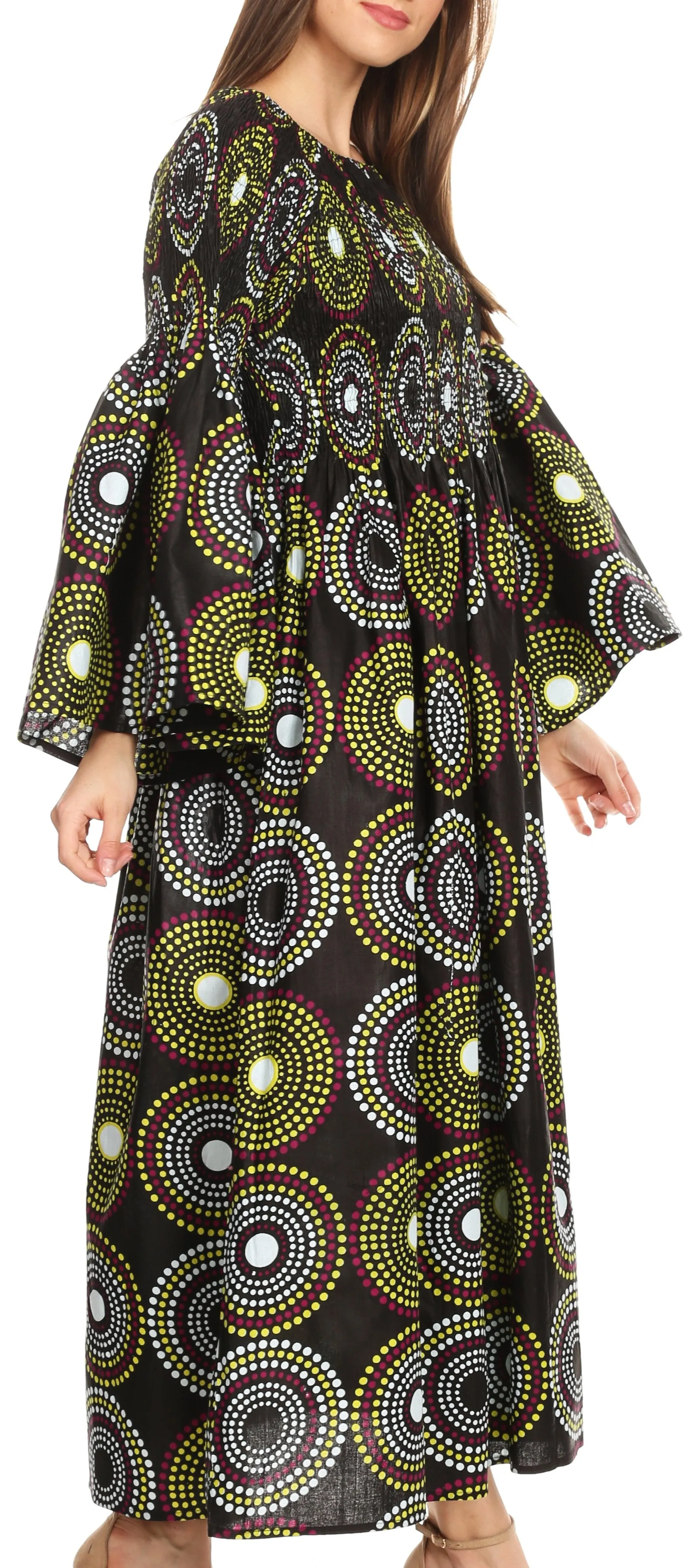 Sakkas Akela Women's Gypsy Peasant Boho Smocked Dress in African Ankara Print