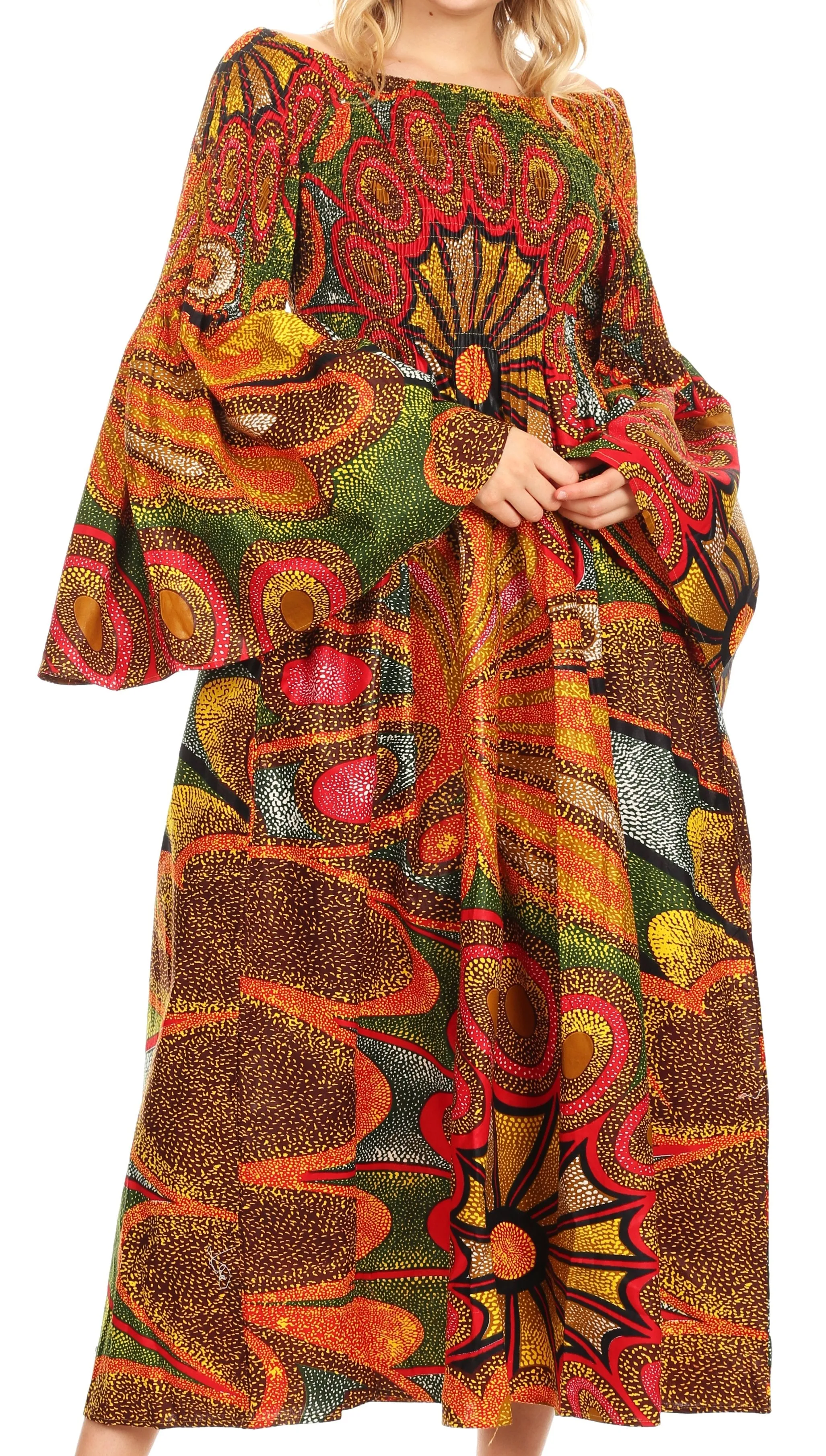 Sakkas Akela Women's Gypsy Peasant Boho Smocked Dress in African Ankara Print