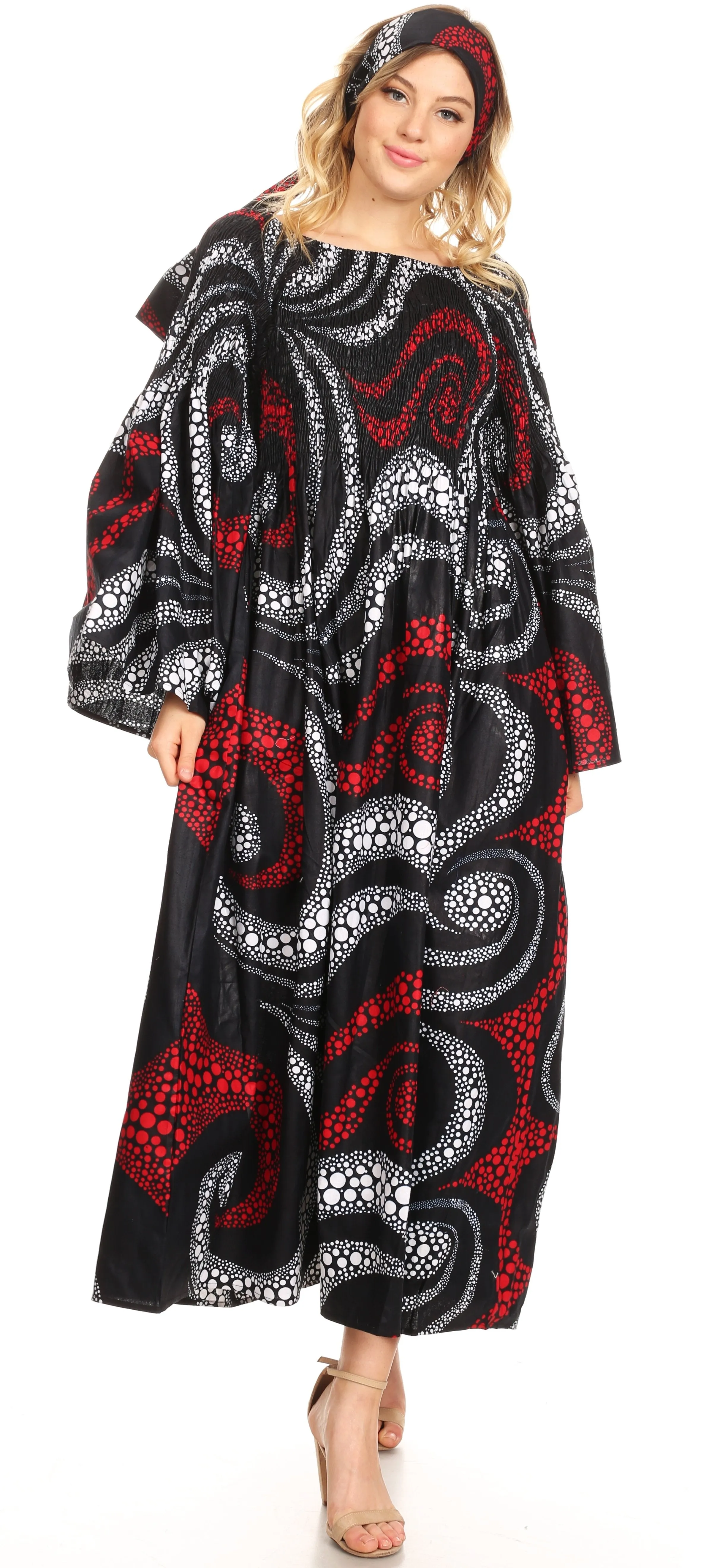 Sakkas Akela Women's Gypsy Peasant Boho Smocked Dress in African Ankara Print