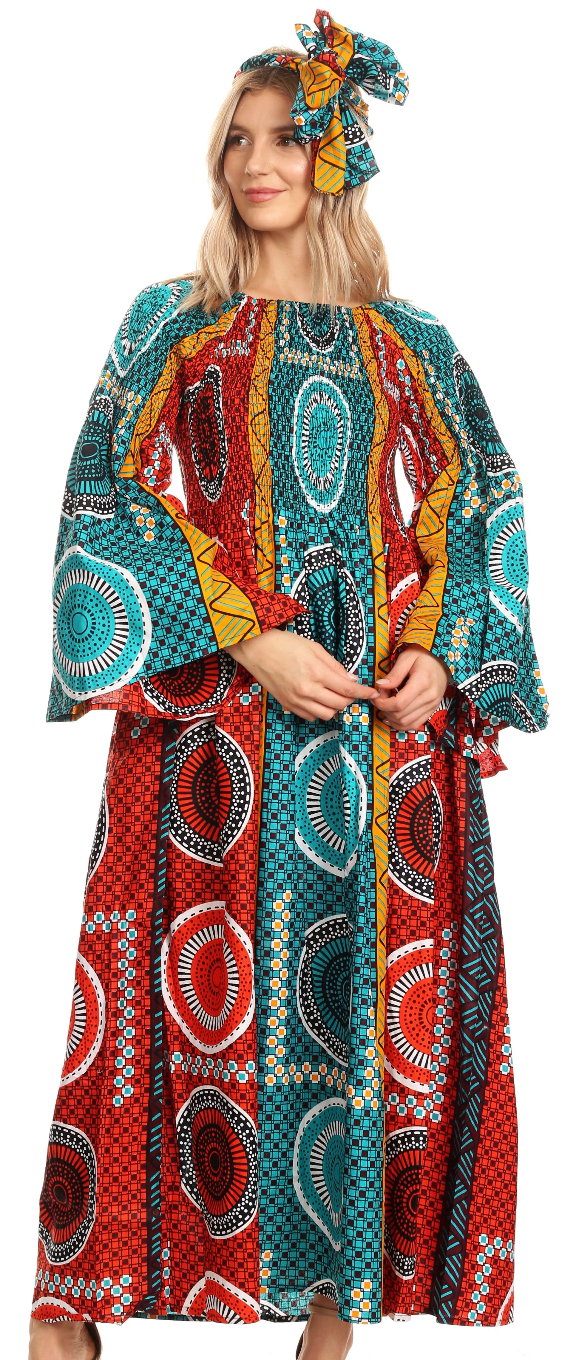 Sakkas Akela Women's Gypsy Peasant Boho Smocked Dress in African Ankara Print