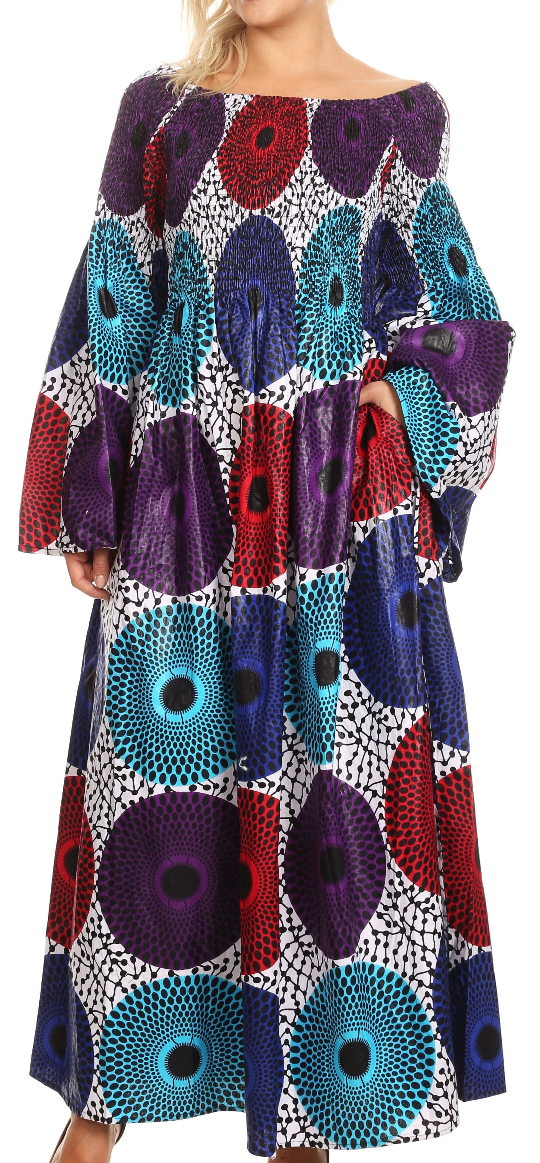 Sakkas Akela Women's Gypsy Peasant Boho Smocked Dress in African Ankara Print