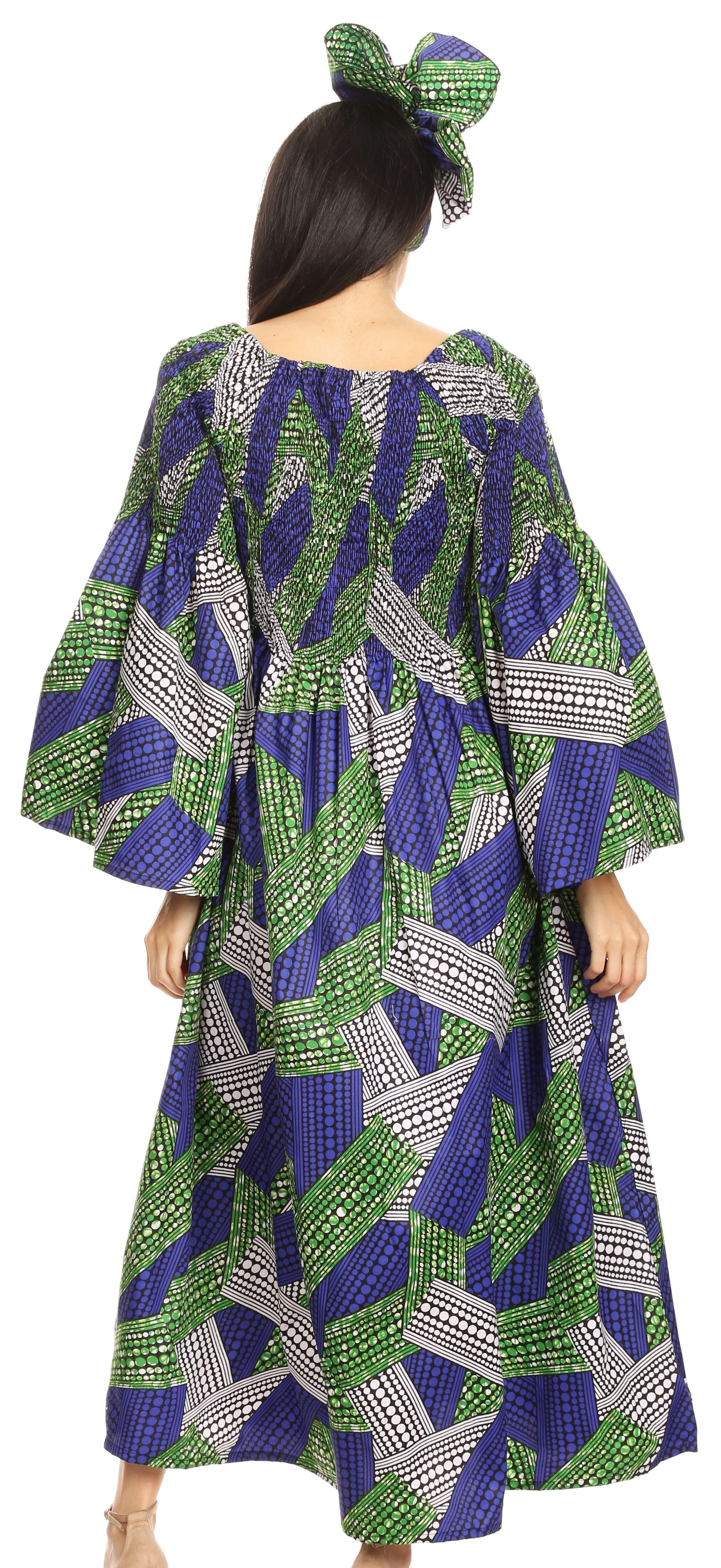 Sakkas Akela Women's Gypsy Peasant Boho Smocked Dress in African Ankara Print