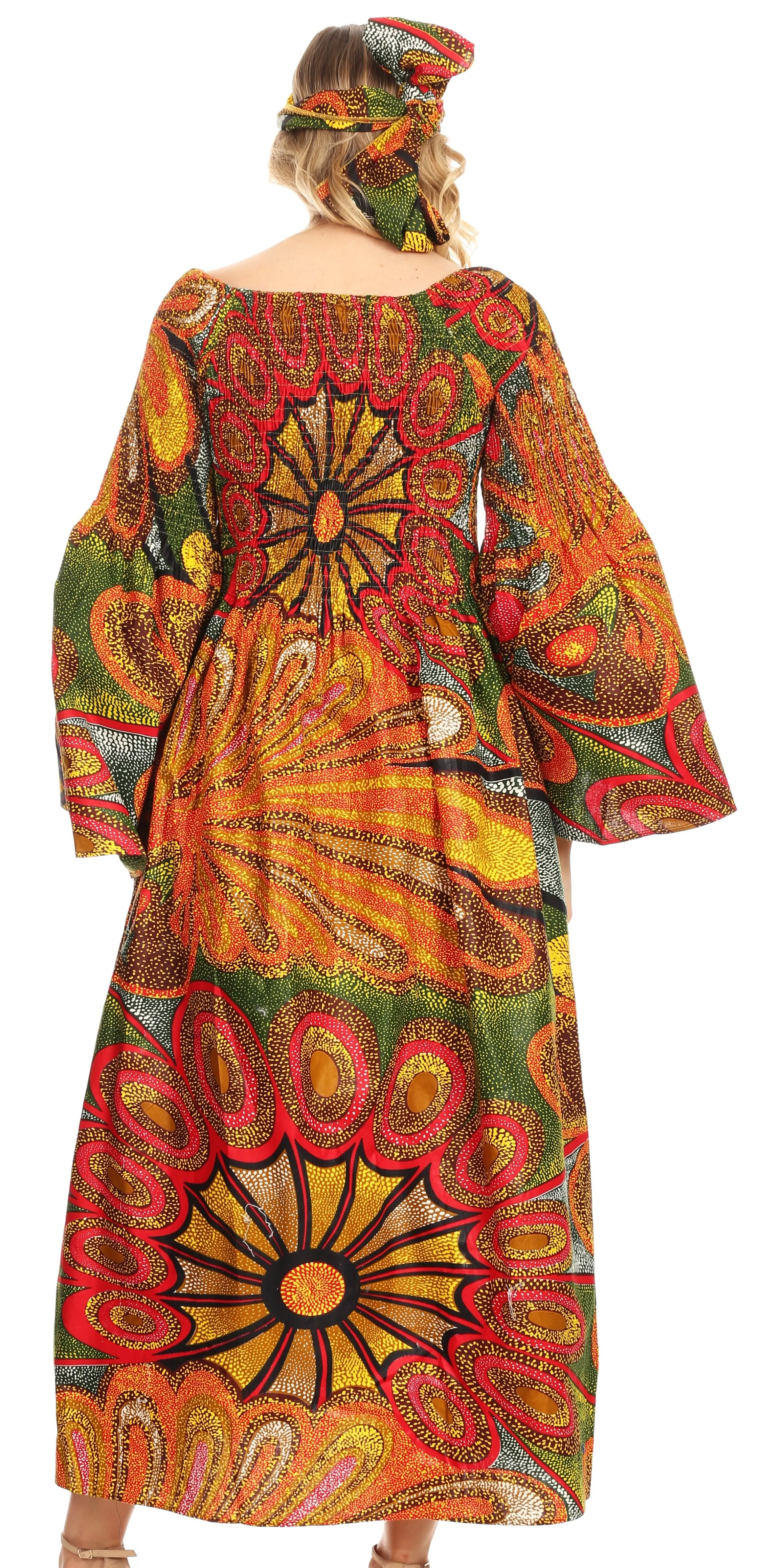 Sakkas Akela Women's Gypsy Peasant Boho Smocked Dress in African Ankara Print