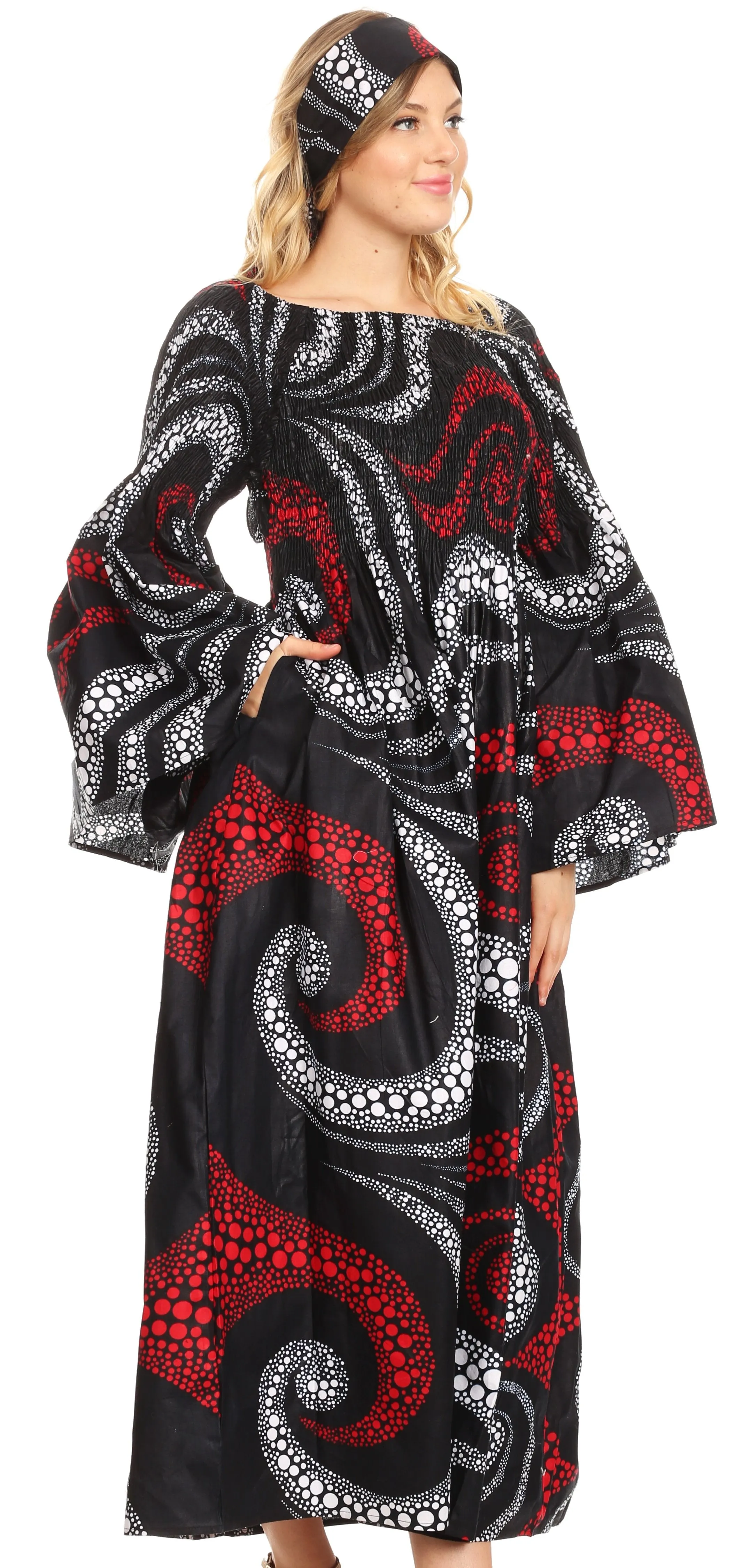 Sakkas Akela Women's Gypsy Peasant Boho Smocked Dress in African Ankara Print