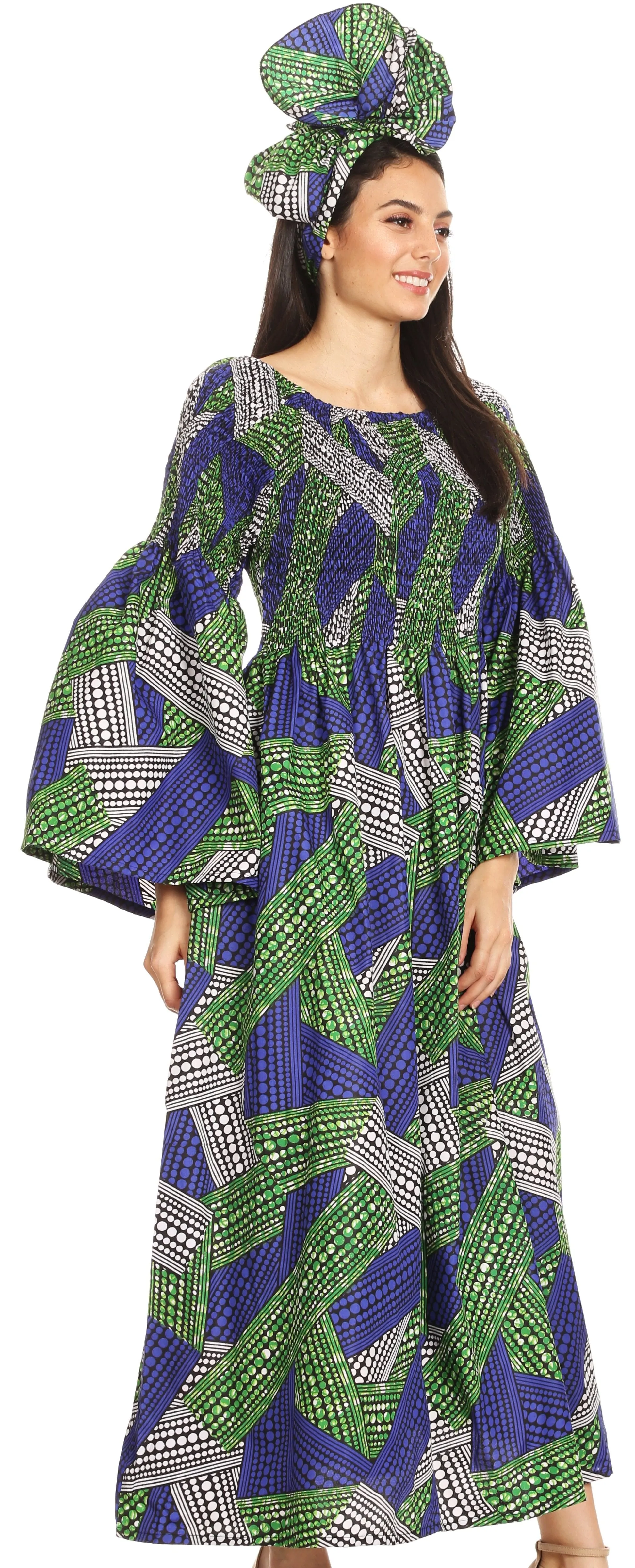 Sakkas Akela Women's Gypsy Peasant Boho Smocked Dress in African Ankara Print