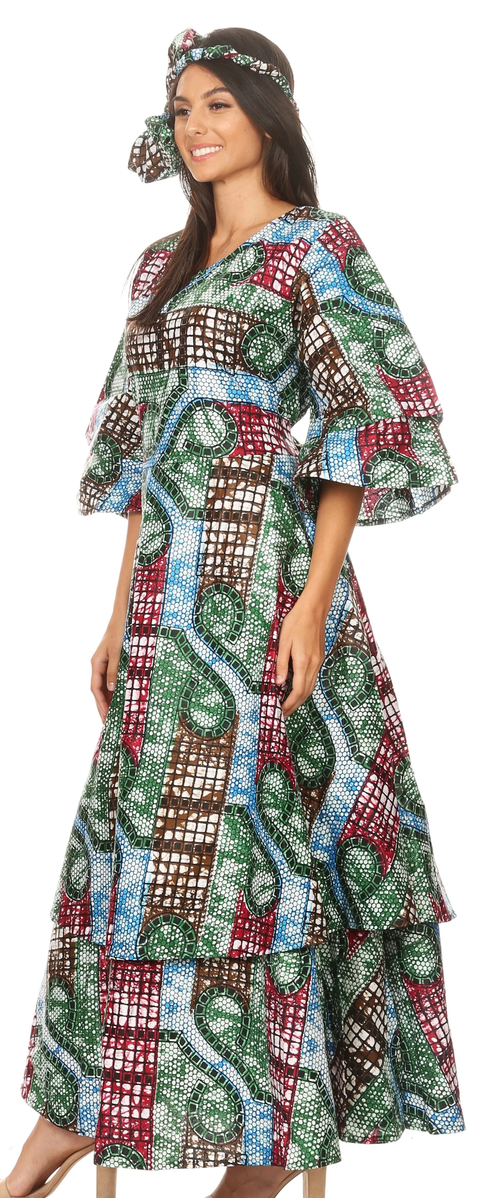 Sakkas Akela Women's Gypsy Peasant Boho Smocked Dress in African Ankara Print