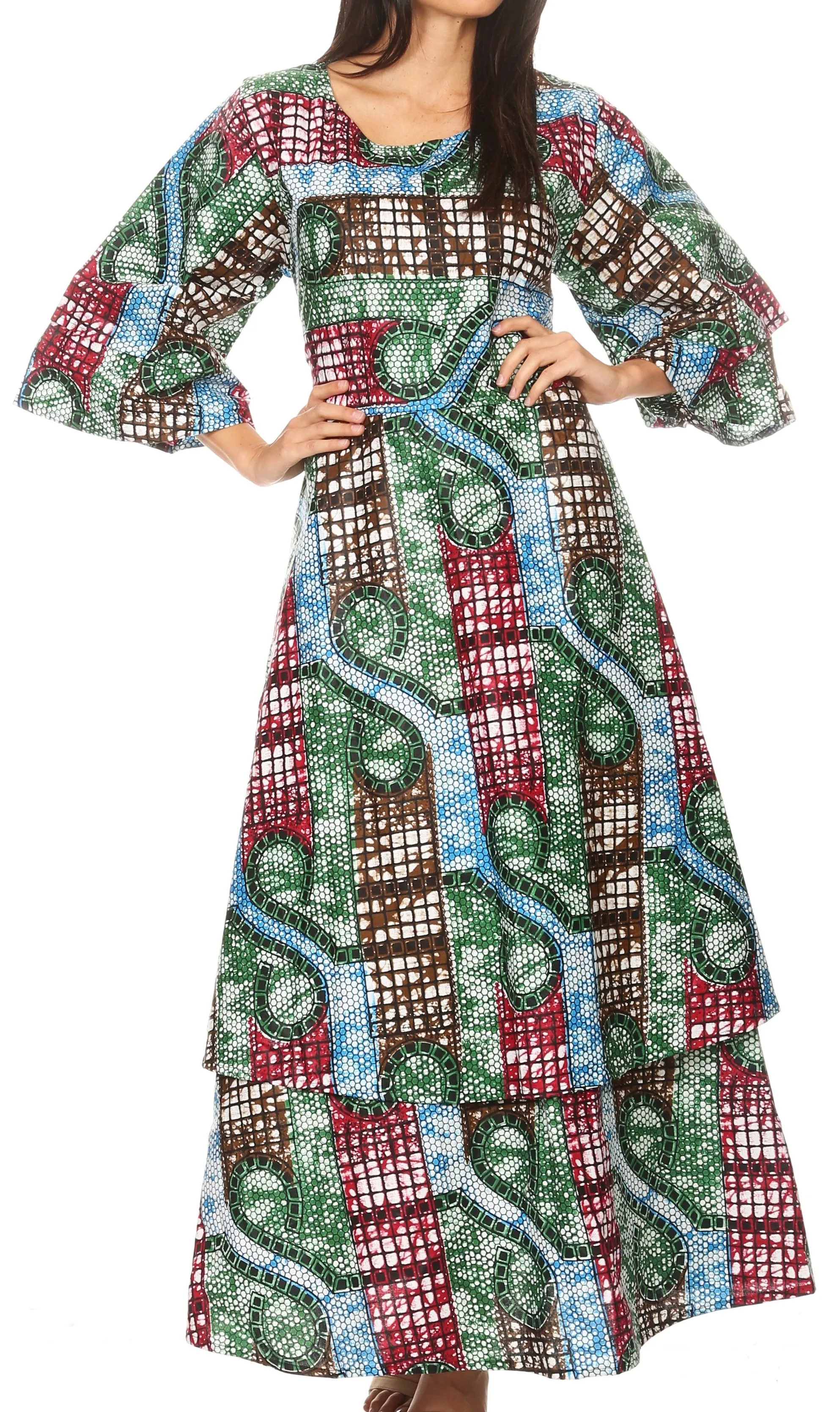 Sakkas Akela Women's Gypsy Peasant Boho Smocked Dress in African Ankara Print