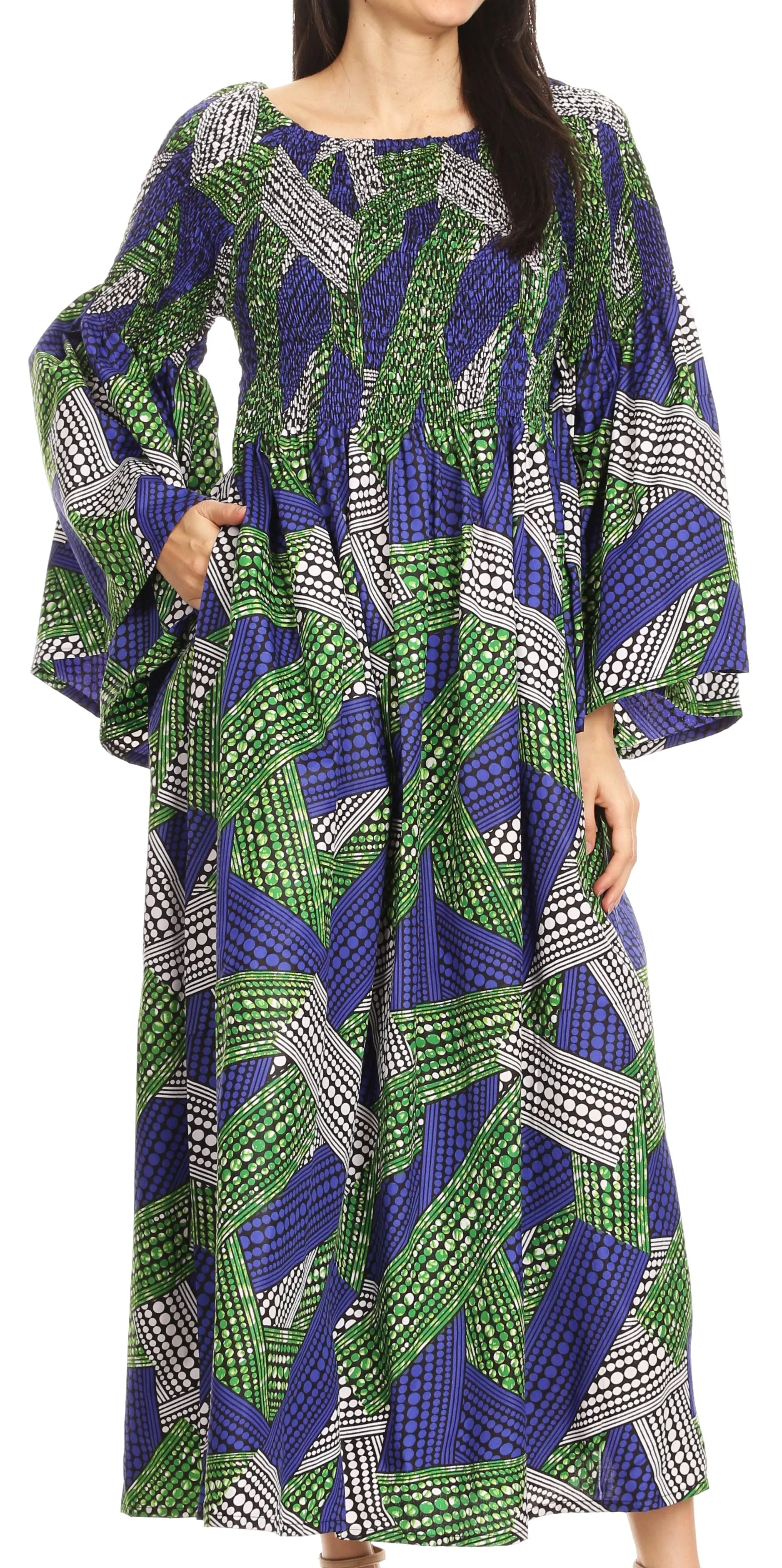 Sakkas Akela Women's Gypsy Peasant Boho Smocked Dress in African Ankara Print