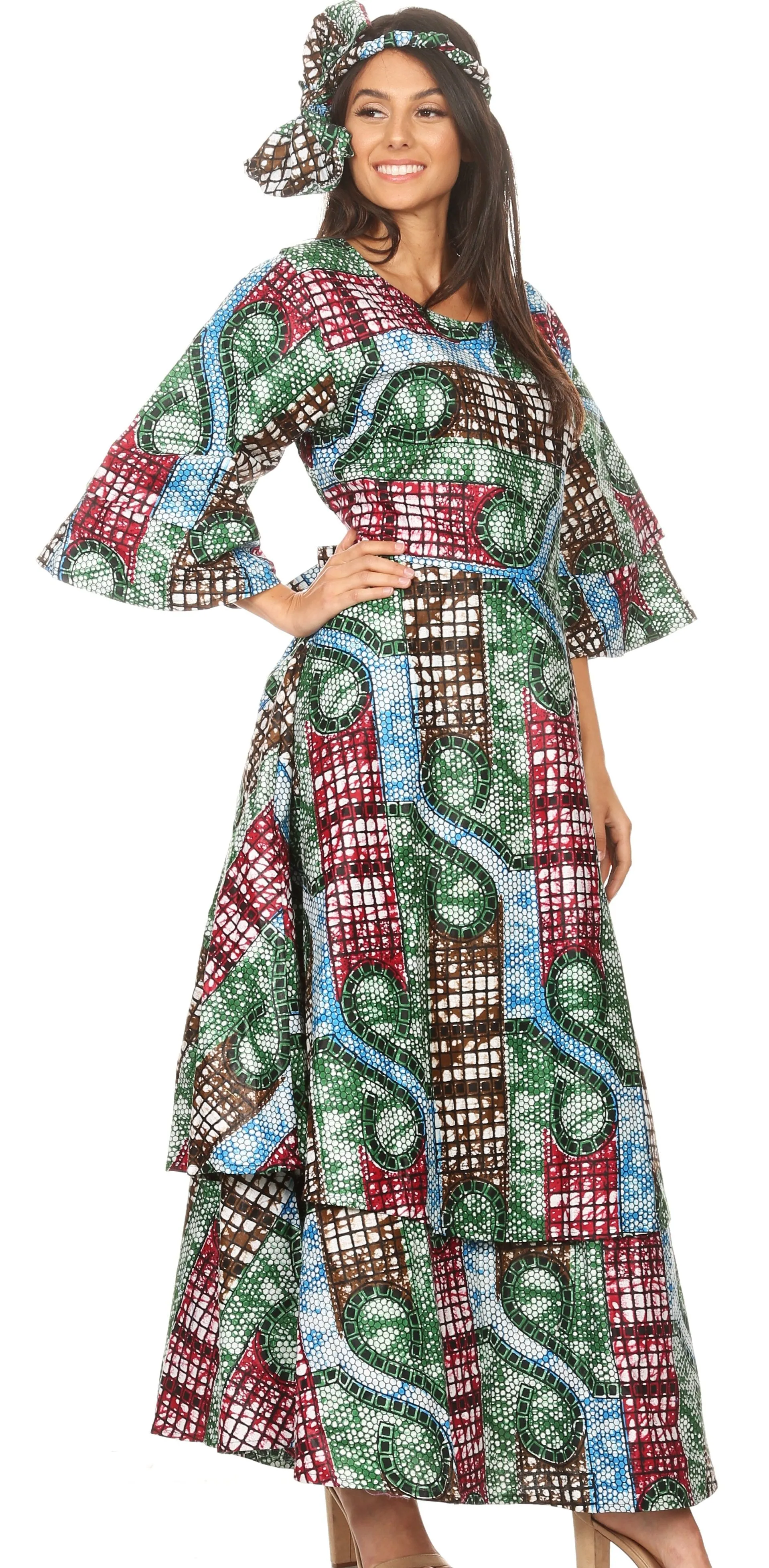 Sakkas Akela Women's Gypsy Peasant Boho Smocked Dress in African Ankara Print